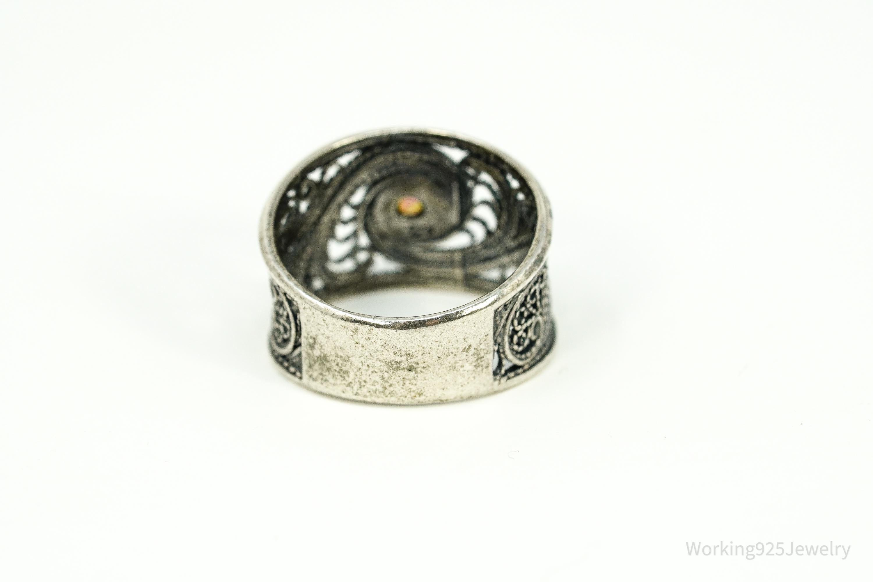 Vintage Opal Sterling Silver Filigree Ring - Size 8.25
