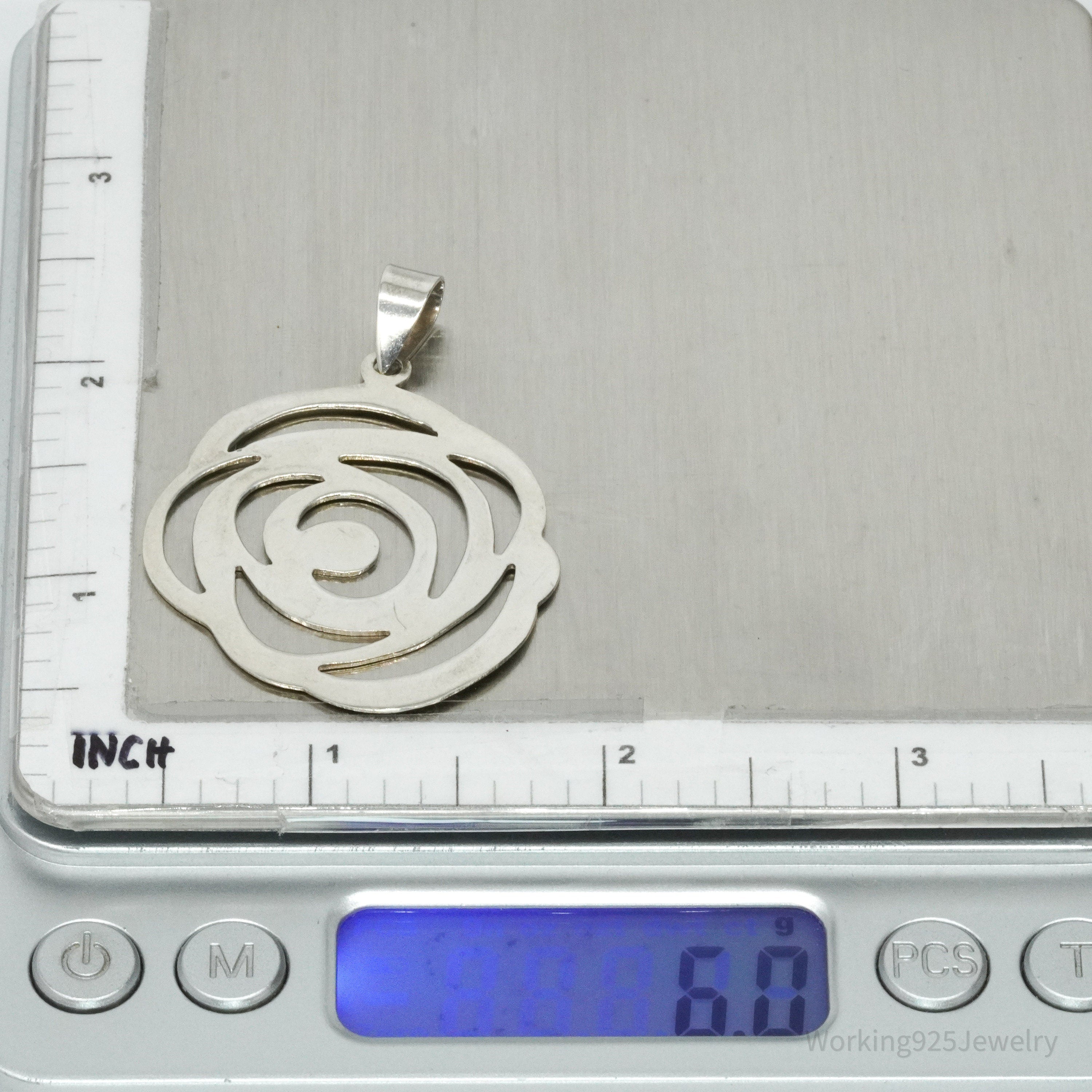Large Vintage Sterling Silver Modernist Style Rose Pendant
