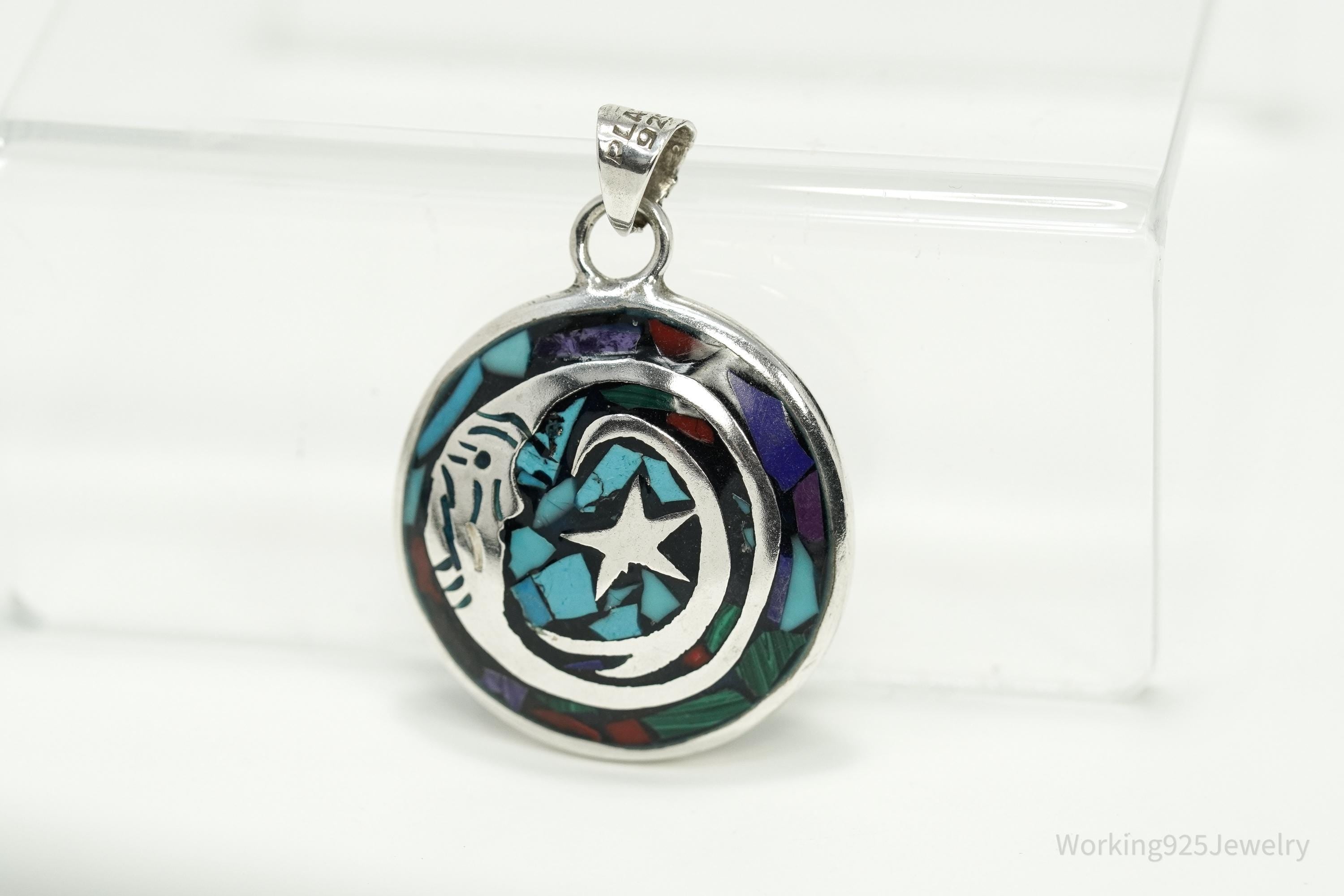 Vintage Double Sided Aztec Mayan Multi Gem Inlay Sterling Silver Pendant 1 11/16"