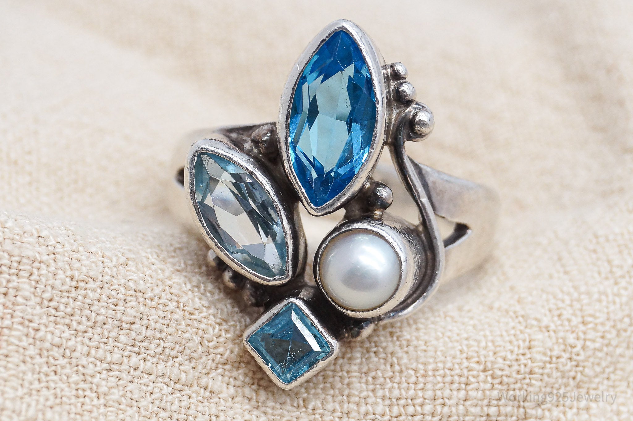 Vintage White Pearl & Blue Topaz Sterling Silver Ring - Size 10