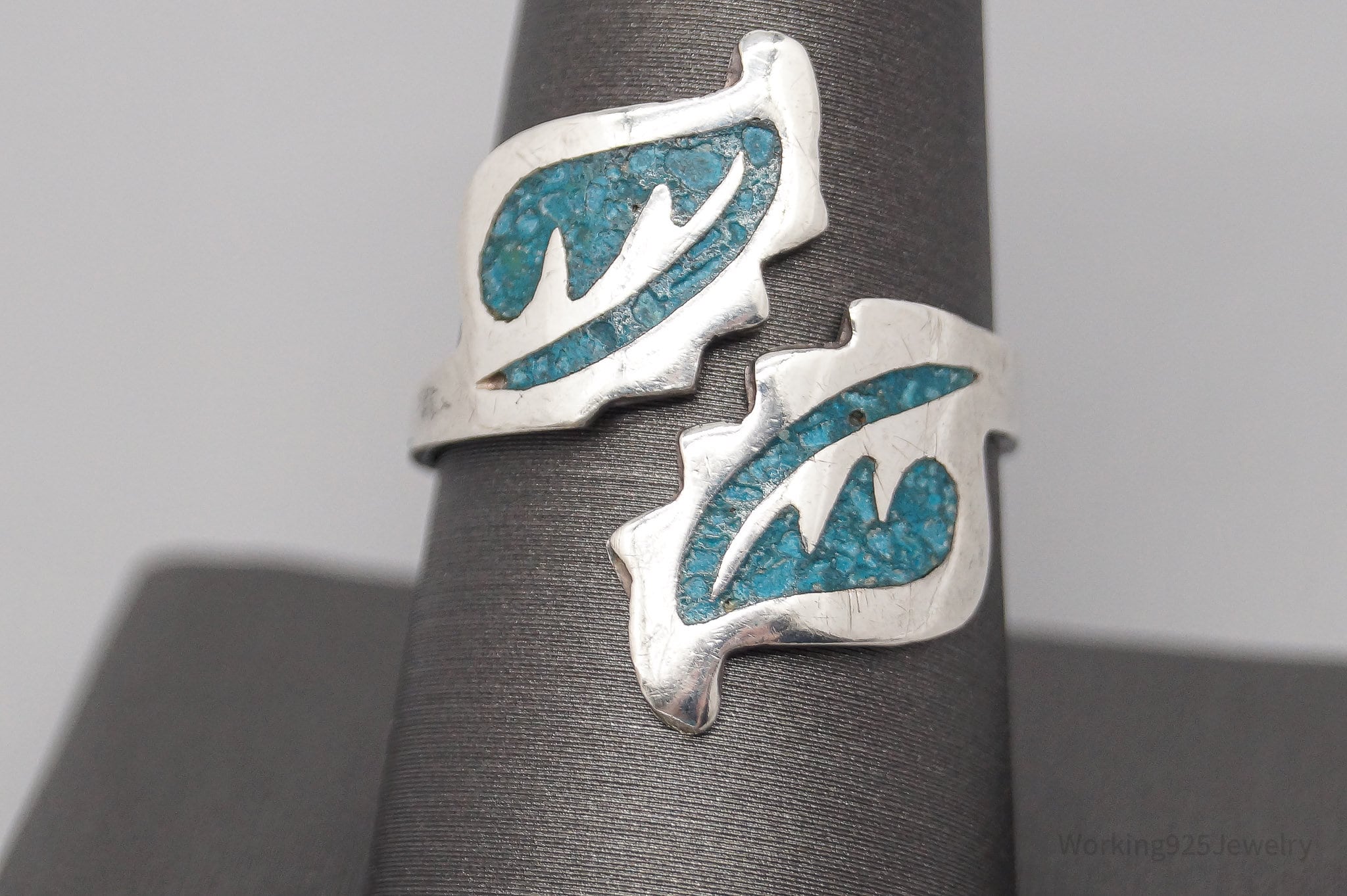 Vintage Mexican Turquoise Inlay Sterling Silver Ring - Size 9.5 Adjustable