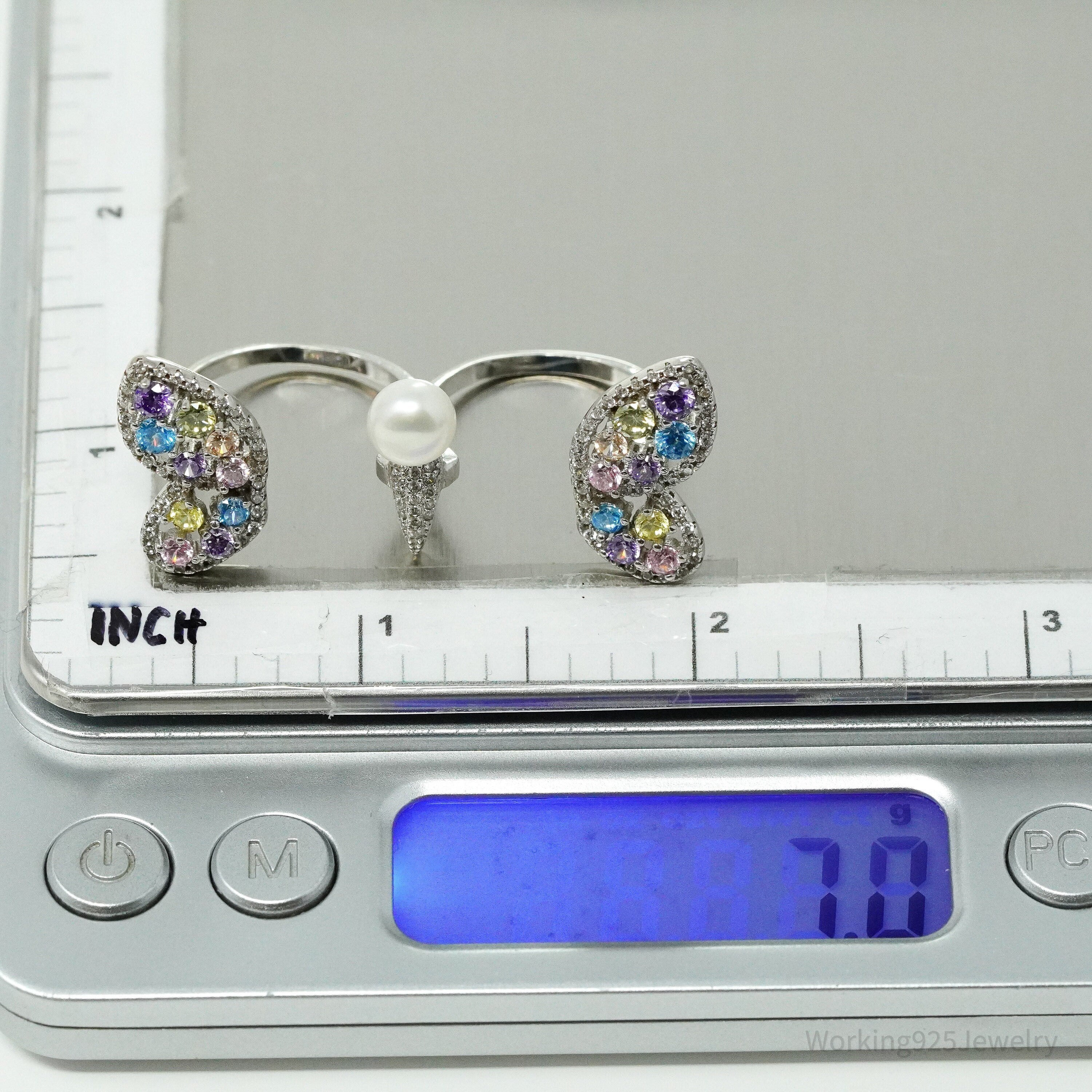 FZN Pearl & Multi Color Cubic Zirconia Butterfly Sterling Silver Ring - Size 7