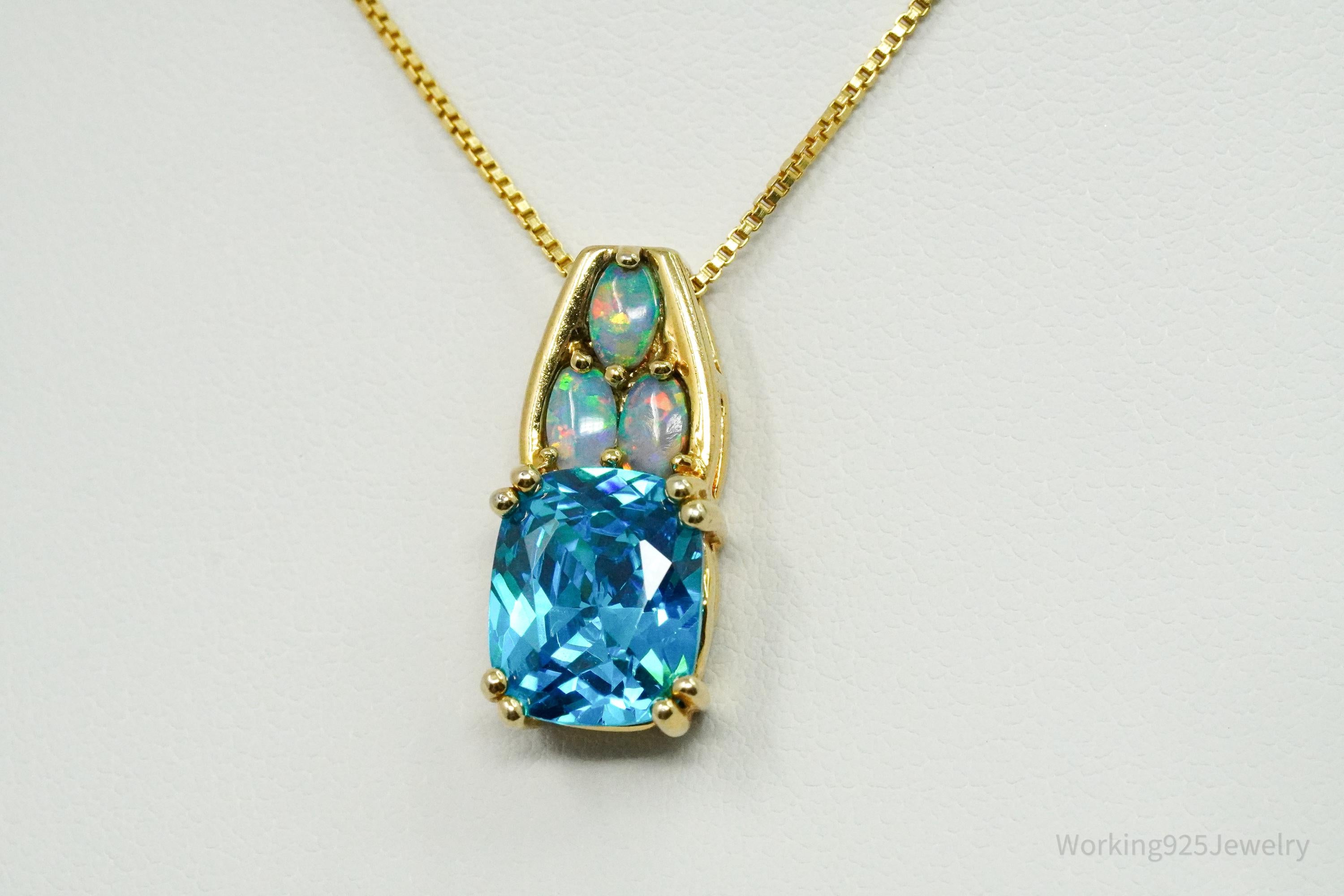 Vintage Blue Tourmaline & Opal Gold Vermeil Sterling Silver Necklace 16"