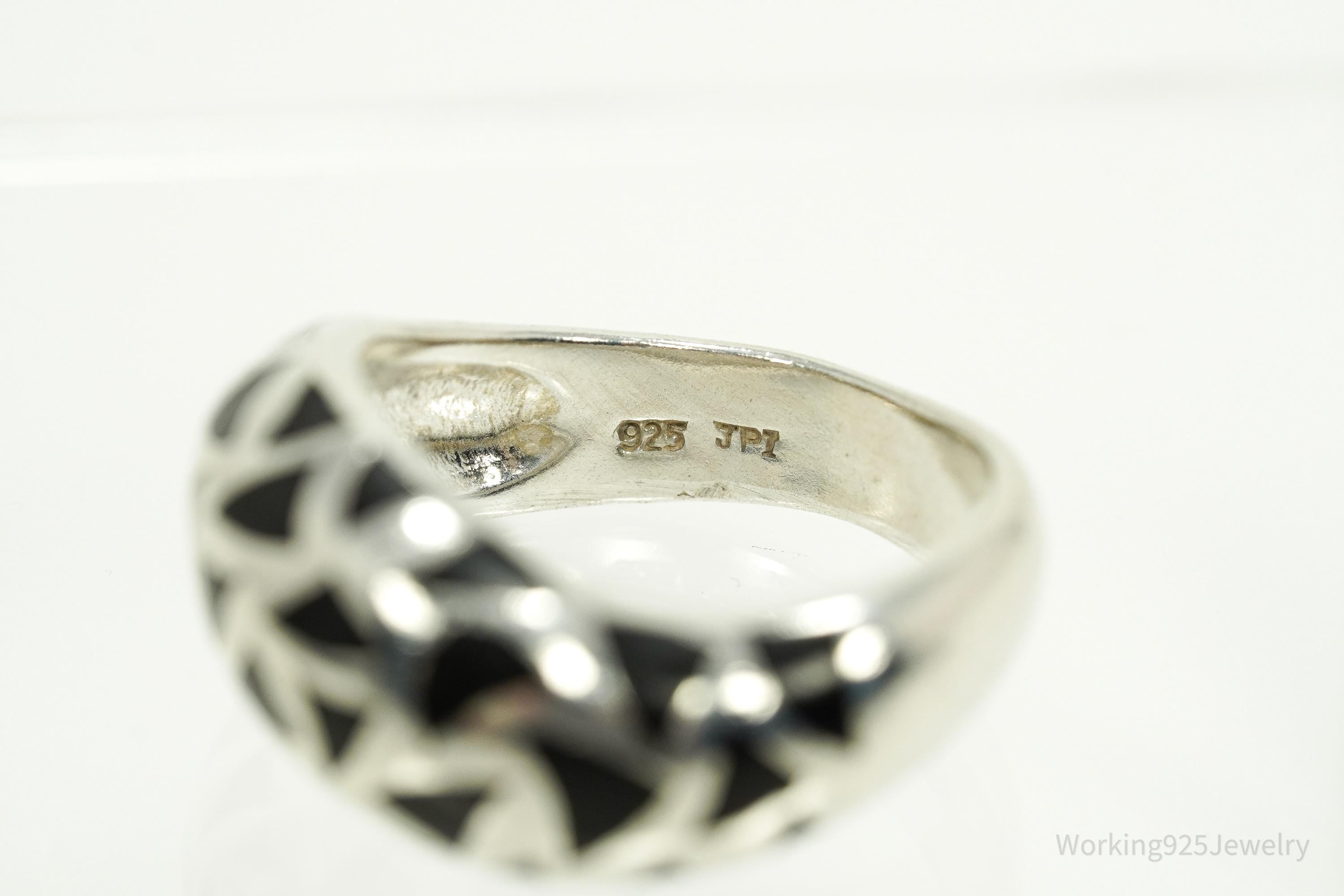 Vintage Black Enamel Shapes Design Sterling Silver Ring - Size 8