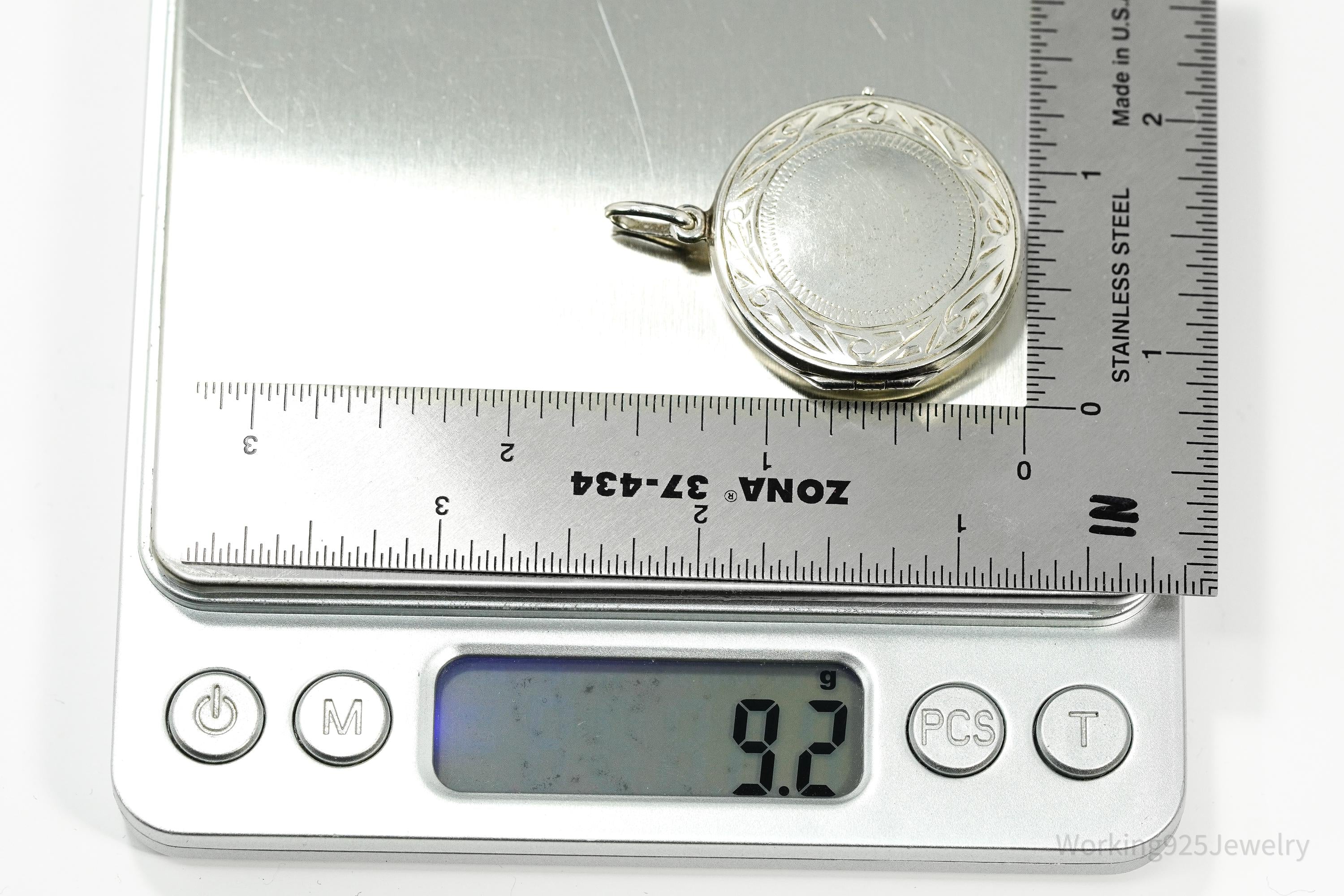 Vintage Round Etched Sterling Silver Locket Pendant