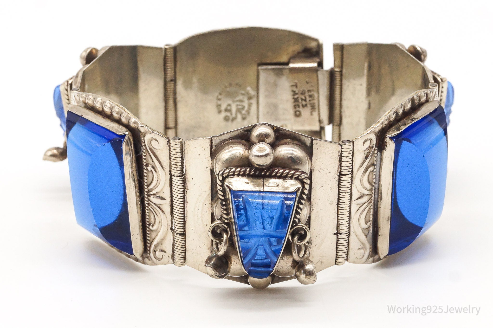 Vintage Mexico Designer AR Blue Glass Aztec Sterling Silver Bracelet