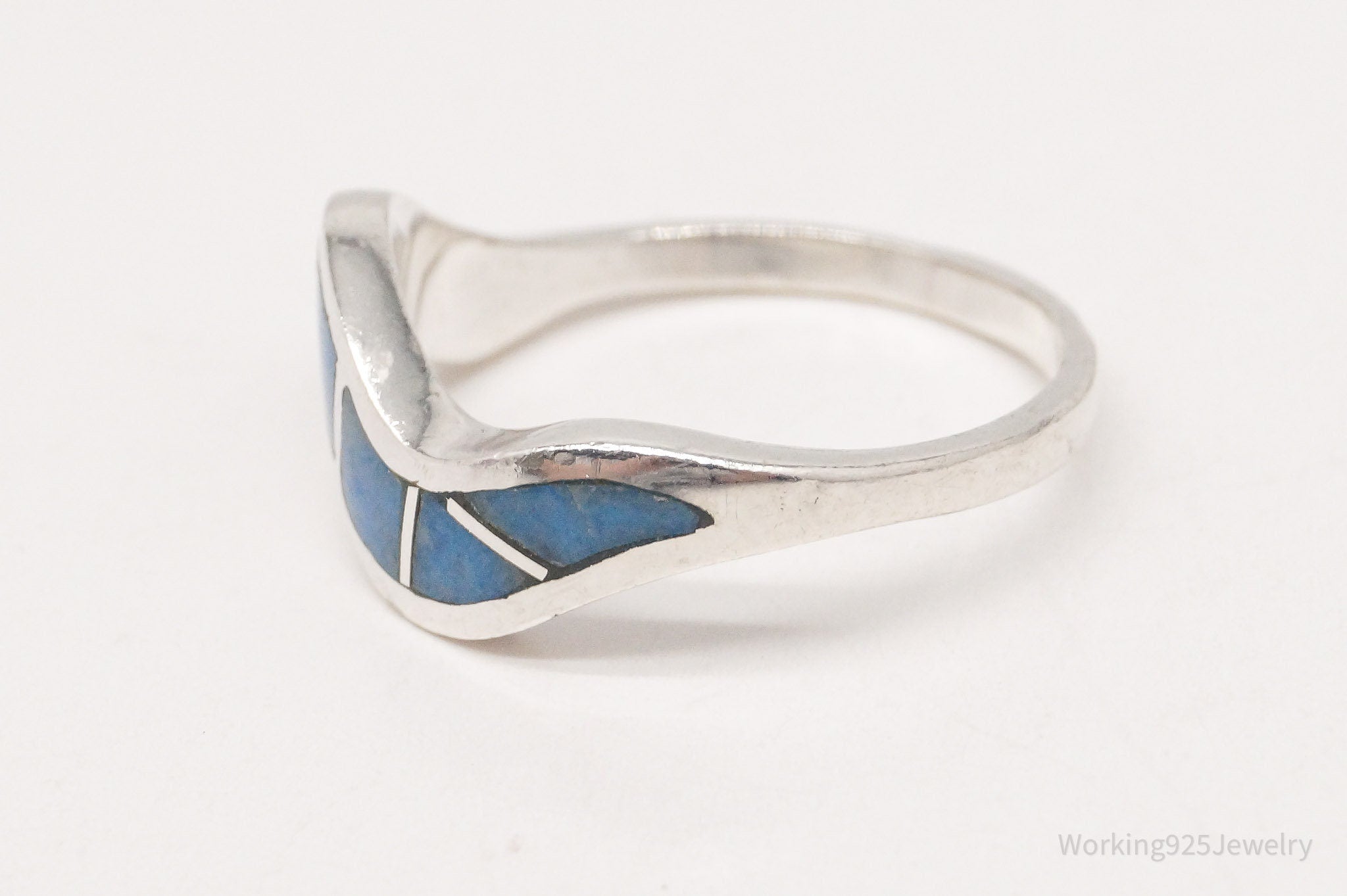 Vintage Native American Denim Lapis Lazuli Inlay Sterling Silver Ring Size 7.5