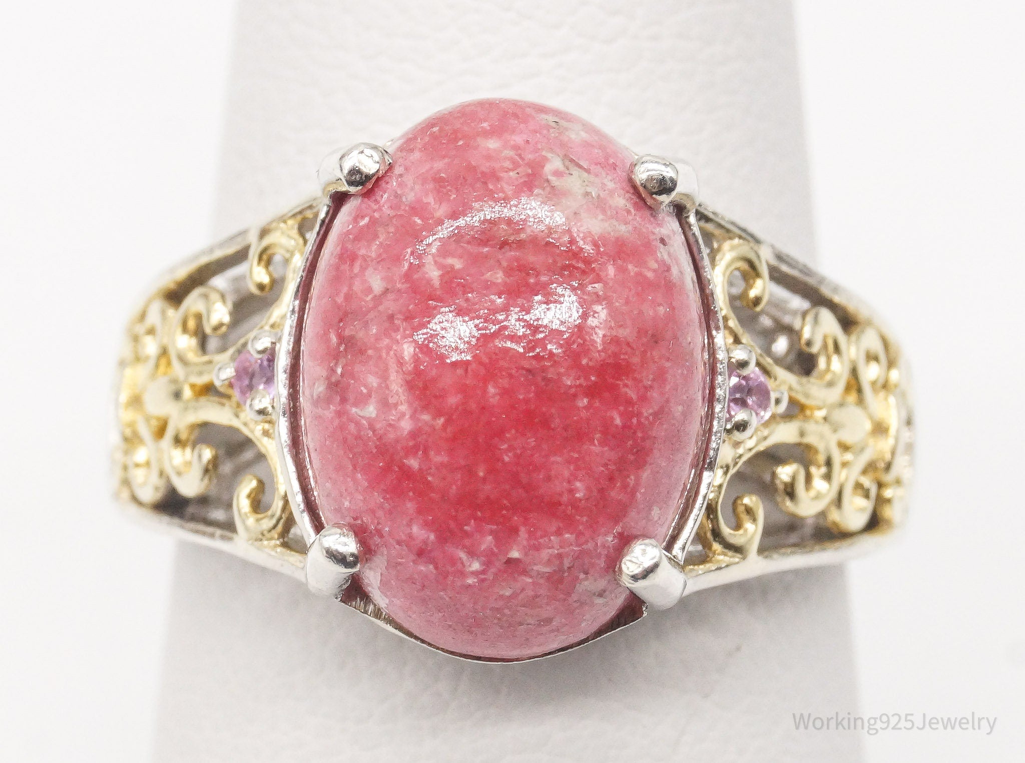 Vintage Thulite Pink Topaz Gold Vermeil Sterling Silver Ring - Size 7