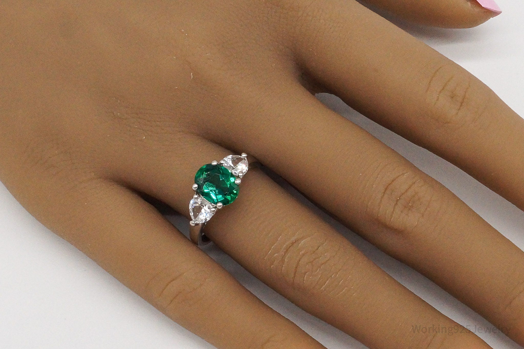 Vintage SAI Lab Emerald White Sterling Silver Ring - Size 7.75