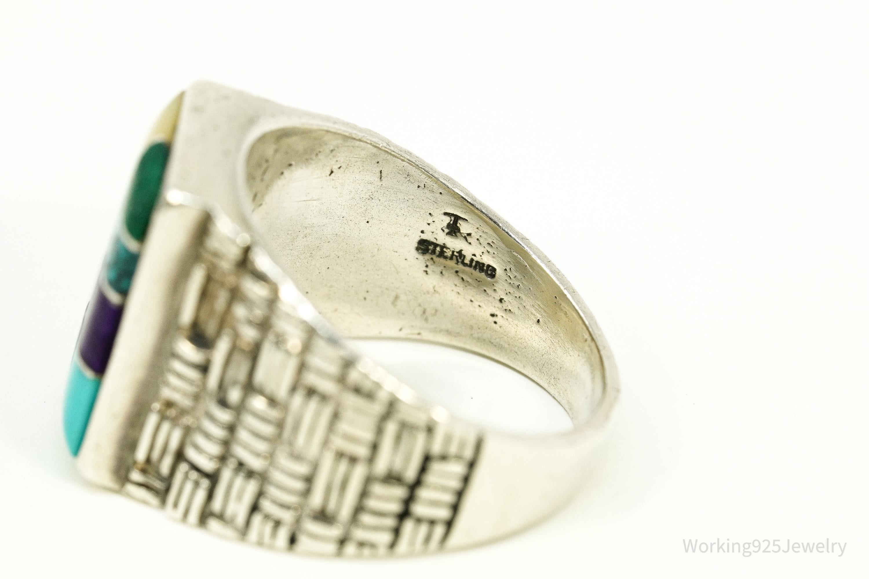 Vintage Native American Multi Gemstone Inlay Sterling Silver Ring - Size 12