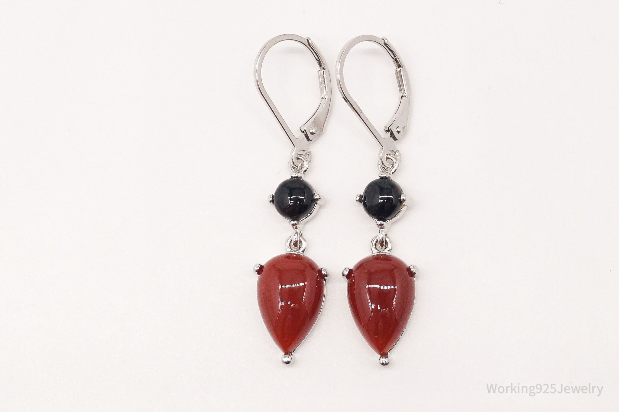 Vintage Designer Ross Simons Carnelian Black Onyx Sterling Silver Earrings