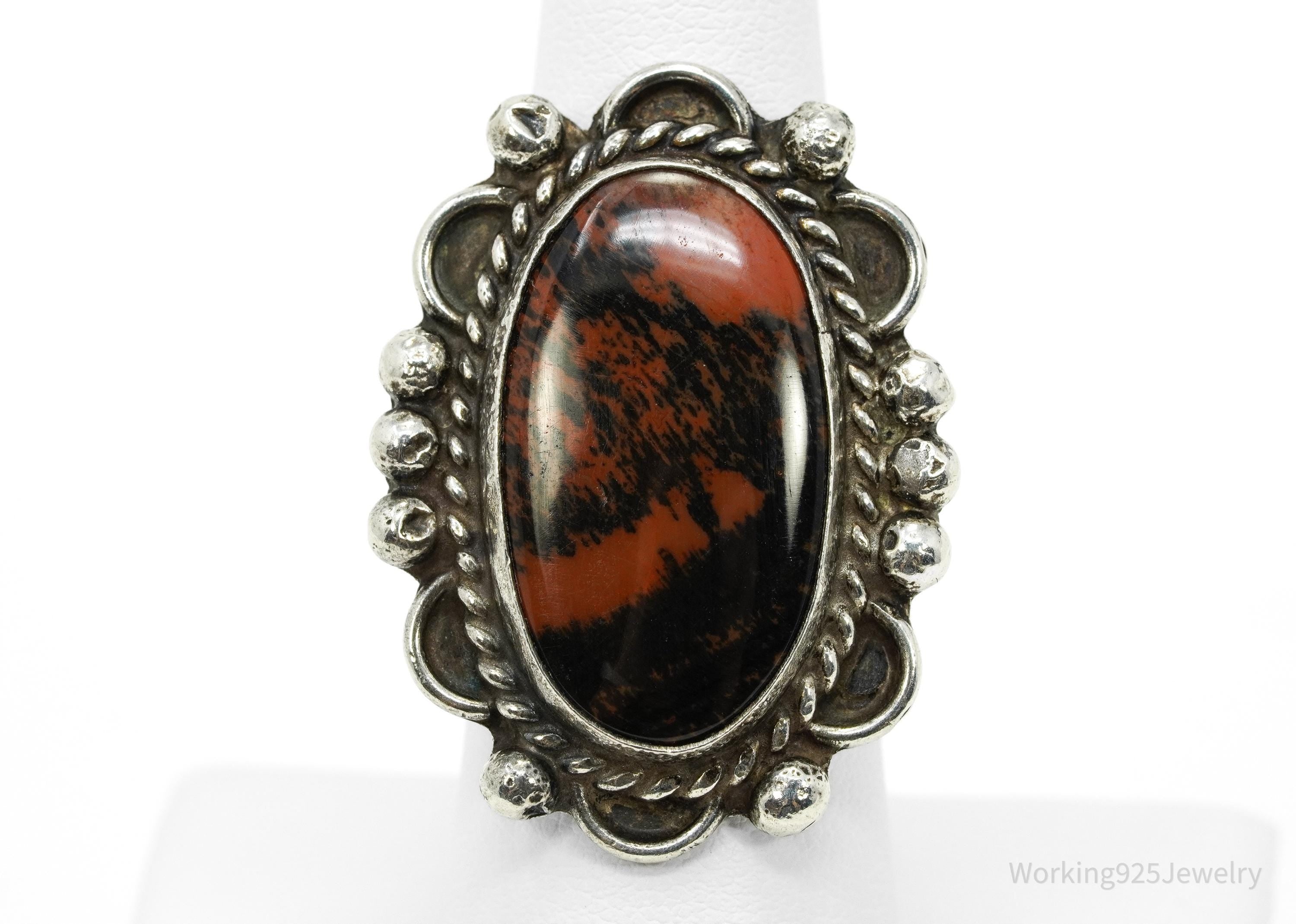 Vintage Native American Petrified Wood Stone Silver Ring - Size 7.25