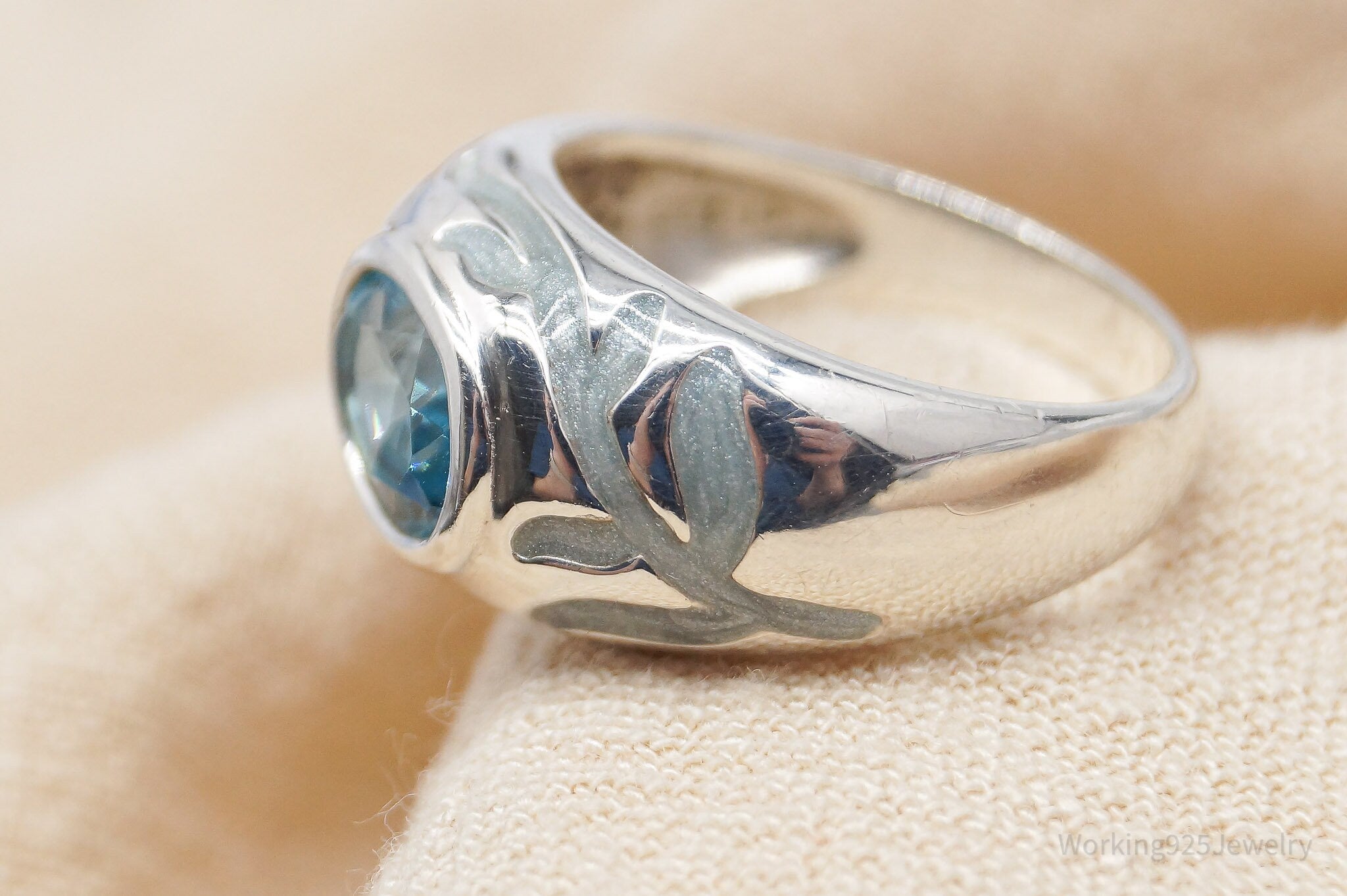 Vintage Blue Topaz Blue Enamel Sterling Silver Ring - Size 6.75