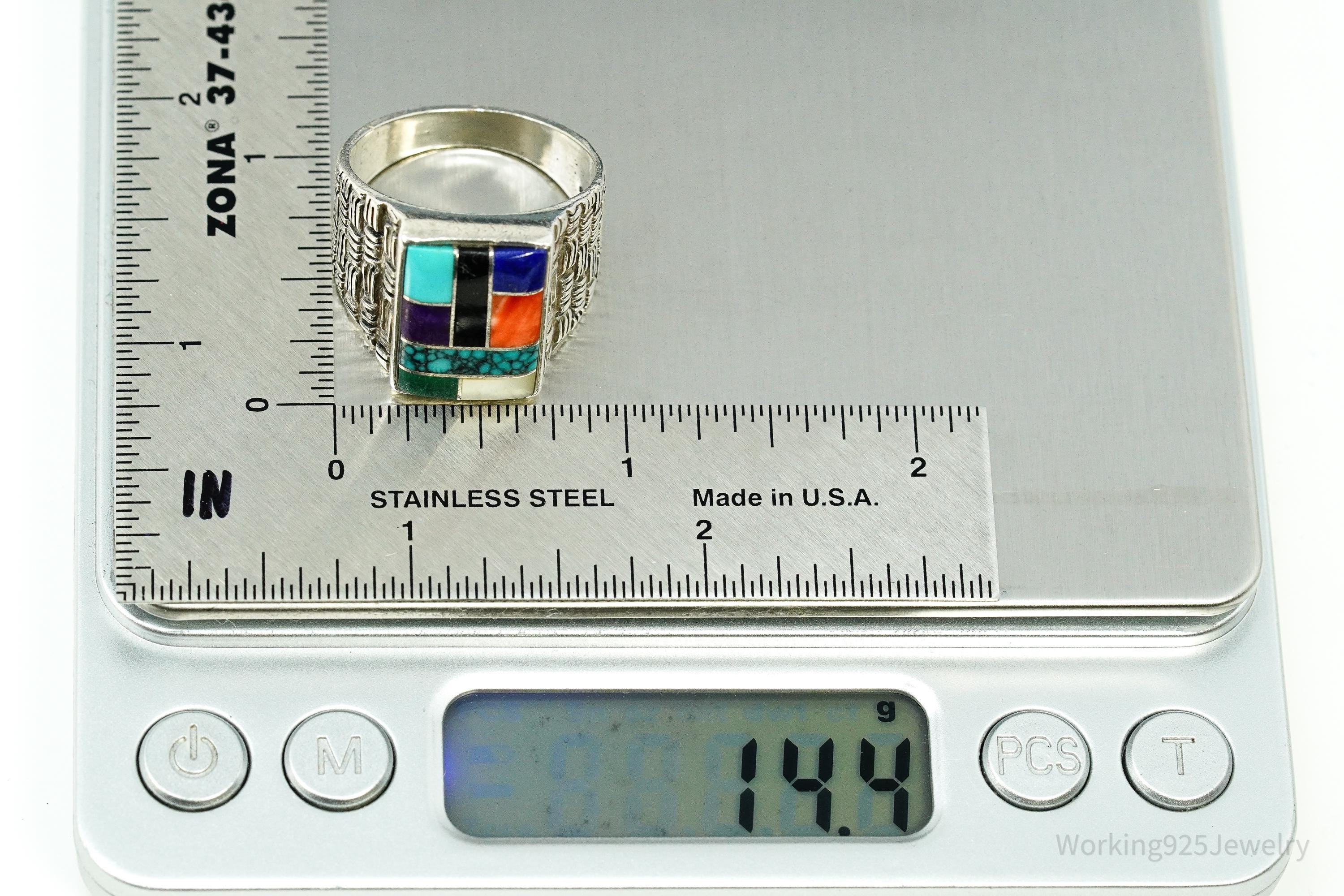 Vintage Native American Multi Gemstone Inlay Sterling Silver Ring - Size 12
