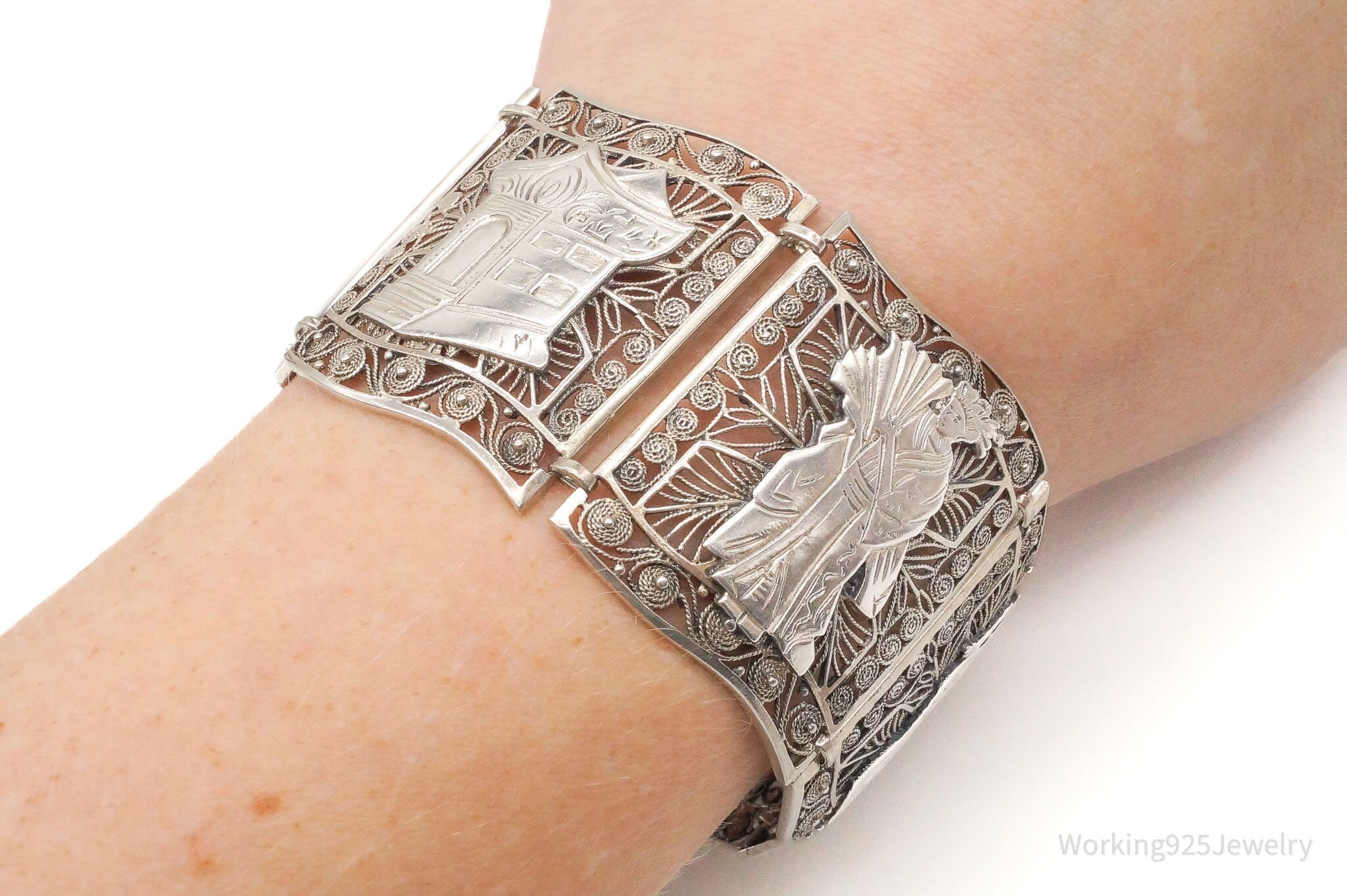 Large Vintage Chinese Silver Intricate 835 Silver Filigree Panel Bracelet