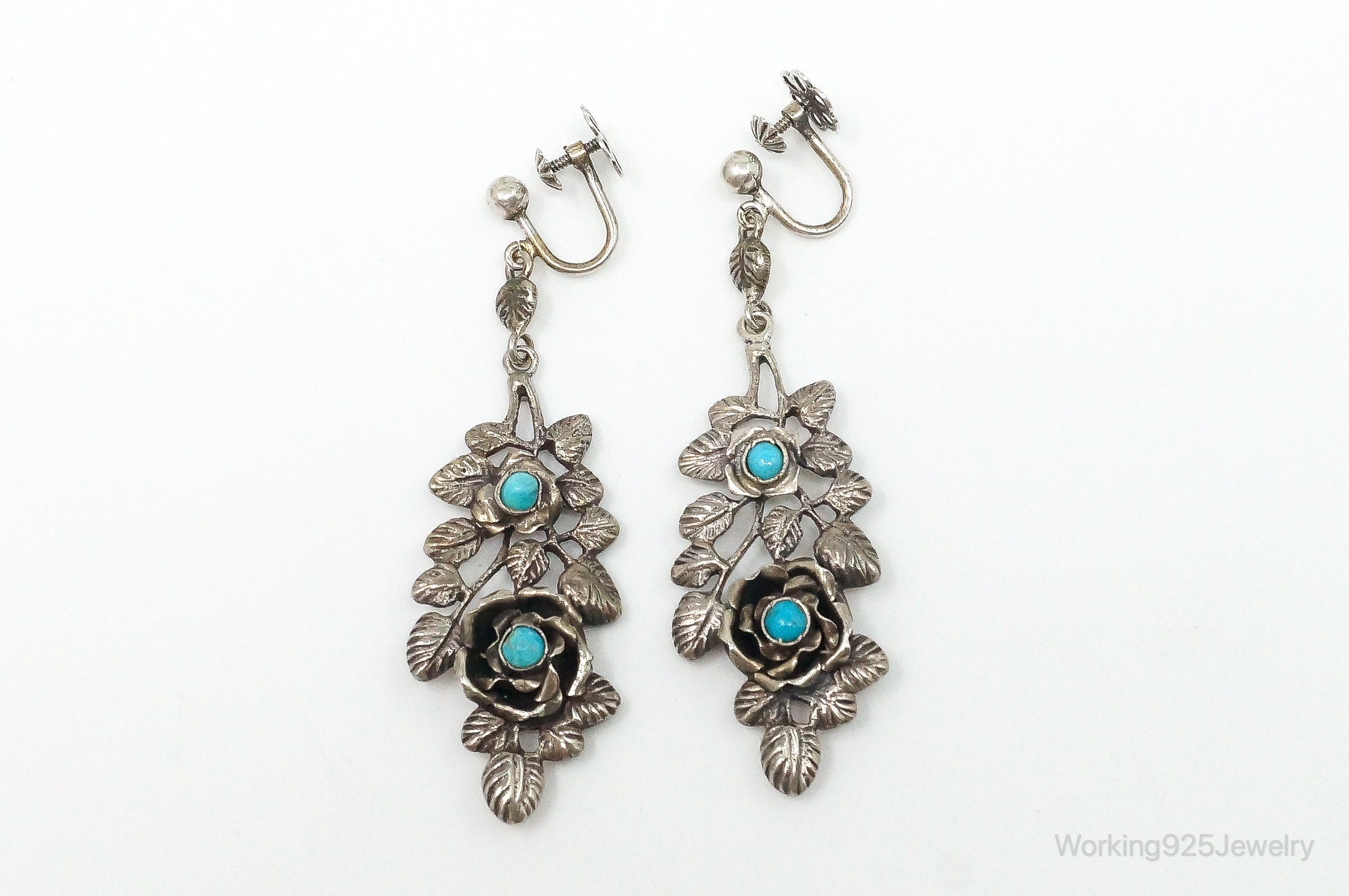 Vintage Screw Back Turquoise Flowers Long 800 Silver Earrings