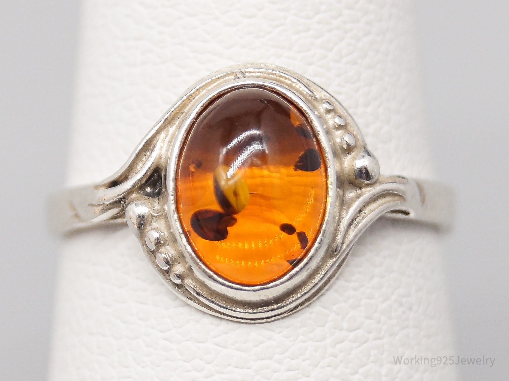 Vintage Amber Modernist Sterling Silver Ring - Size 4.75