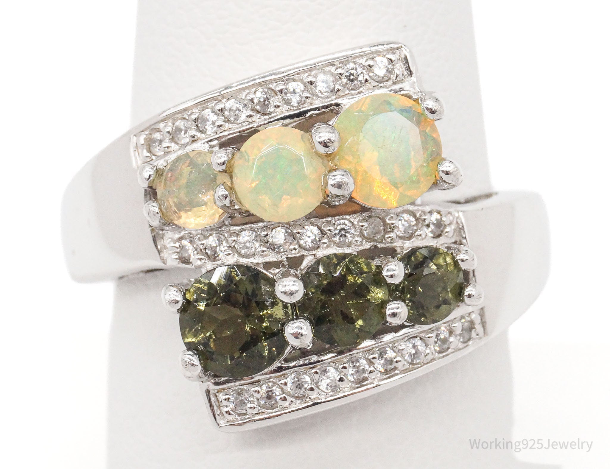 Demantoid Garnet Ethiopian Opal White Zircon Rhodium Sterling Silver Ring SZ 9