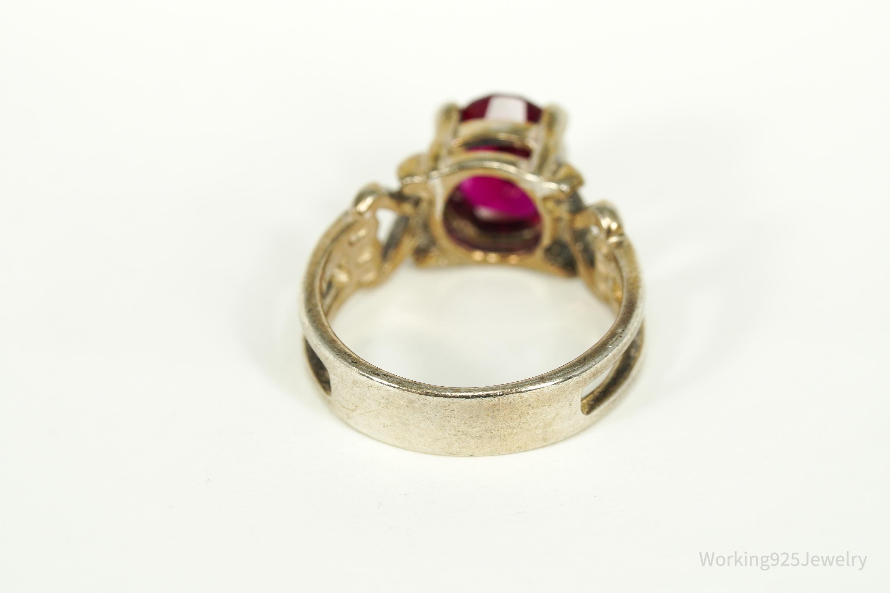 Vintage Lab Ruby Sterling Silver Ring - Size 8.25