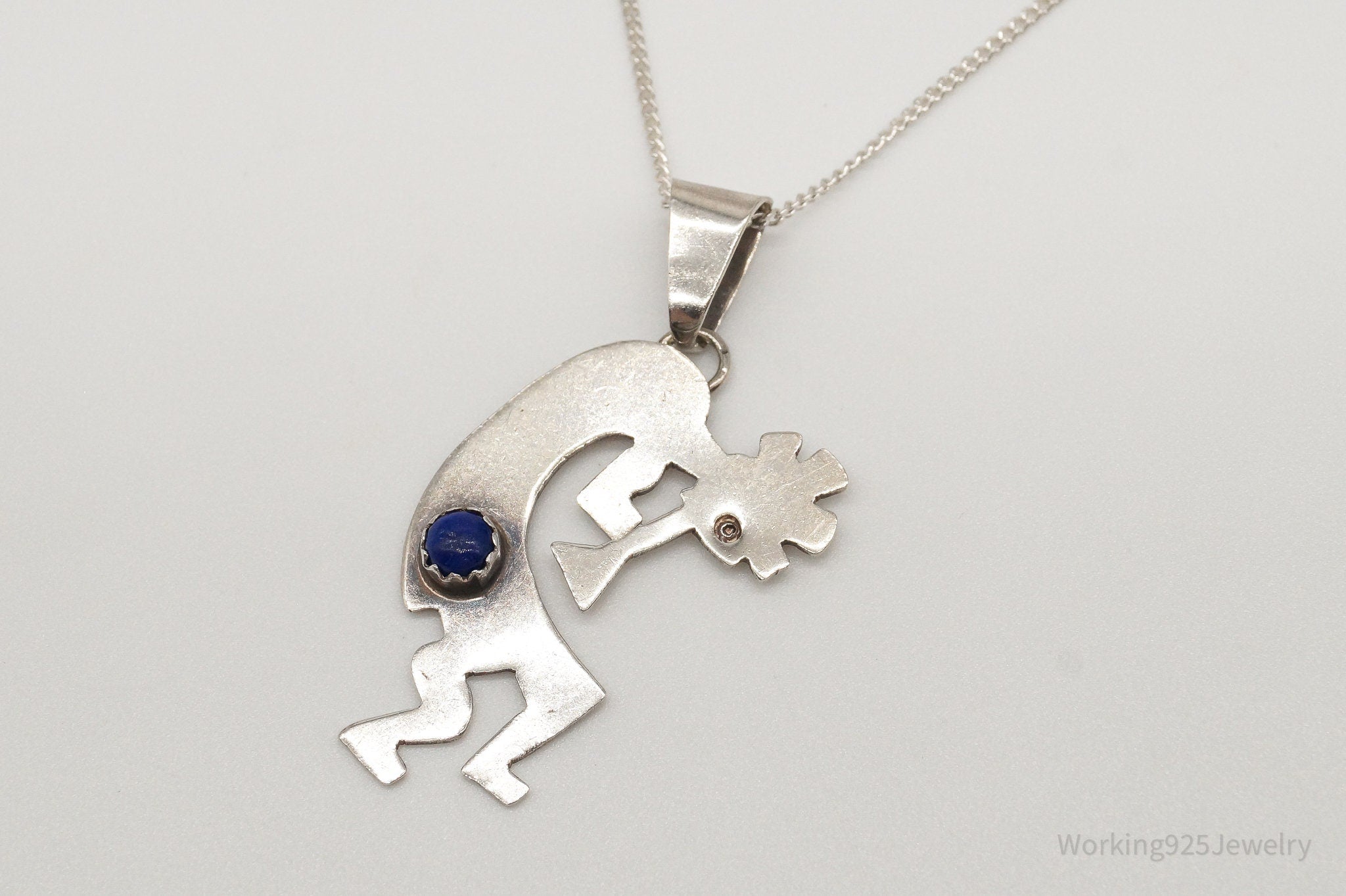 Vintage Native America Lapis Lazuli Dancing Kokopelli Sterling Silver Necklace