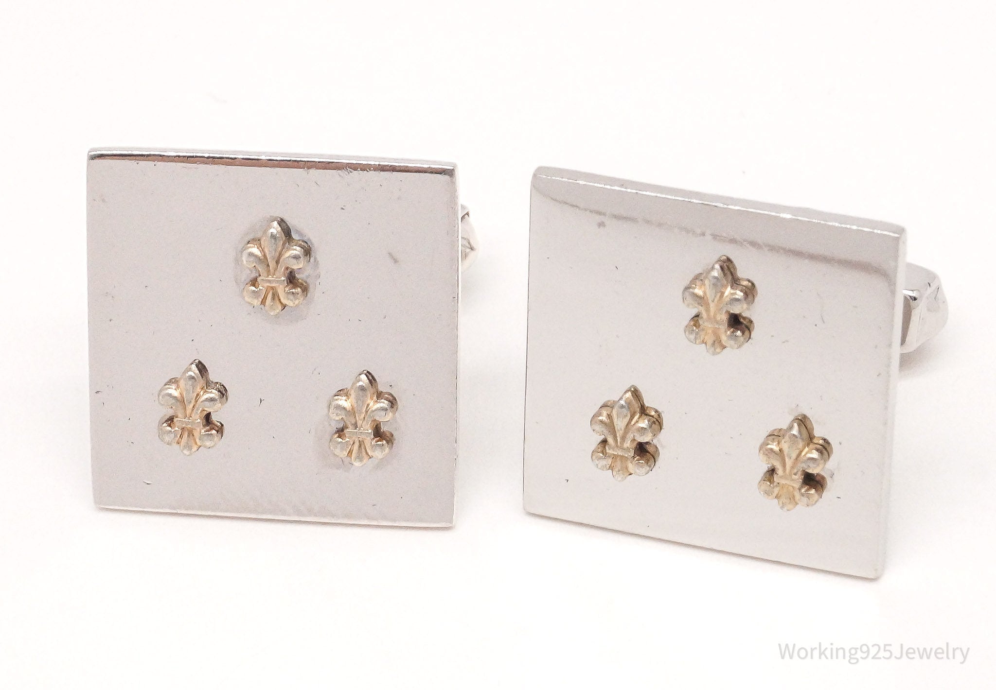 Vintage 1950s Swank Gold Tone Fleur De Lis Sterling Silver Cufflinks