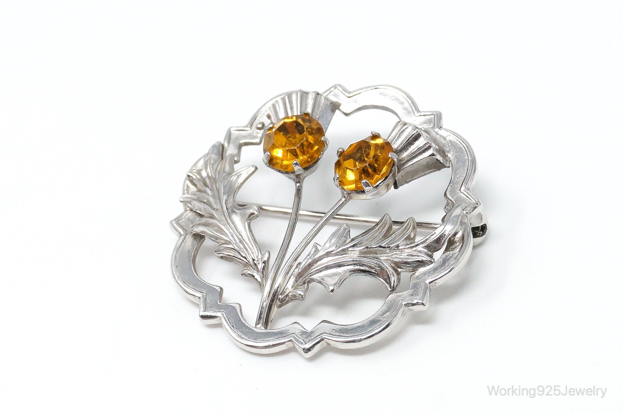 Vintage WB Ward Brothers Citrine Scottish Thistle Sterling Silver Brooch