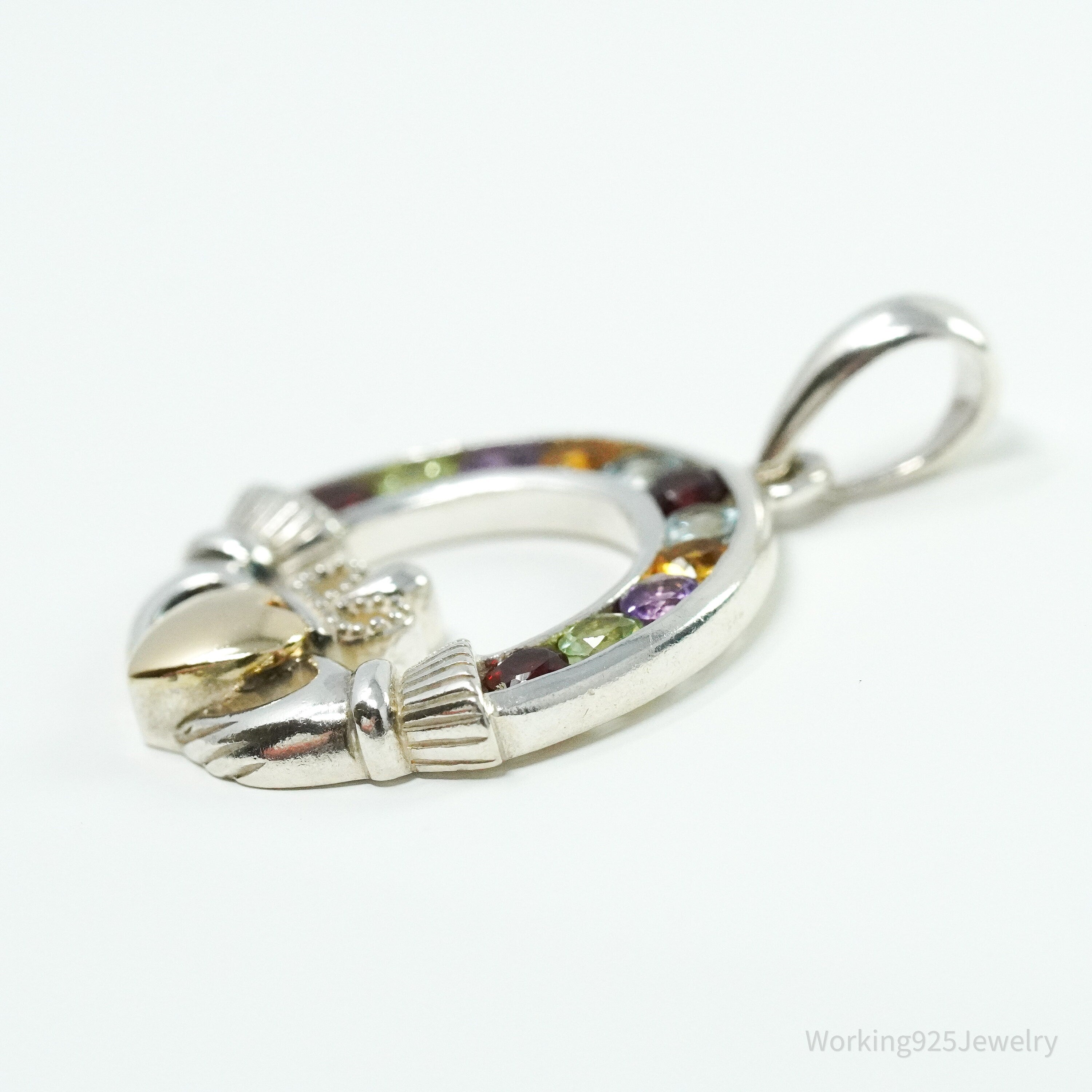 Vintage SOLVAR Irish Claddagh Multi Gemstone 14K Gold Heart Sterling Silver Pendant