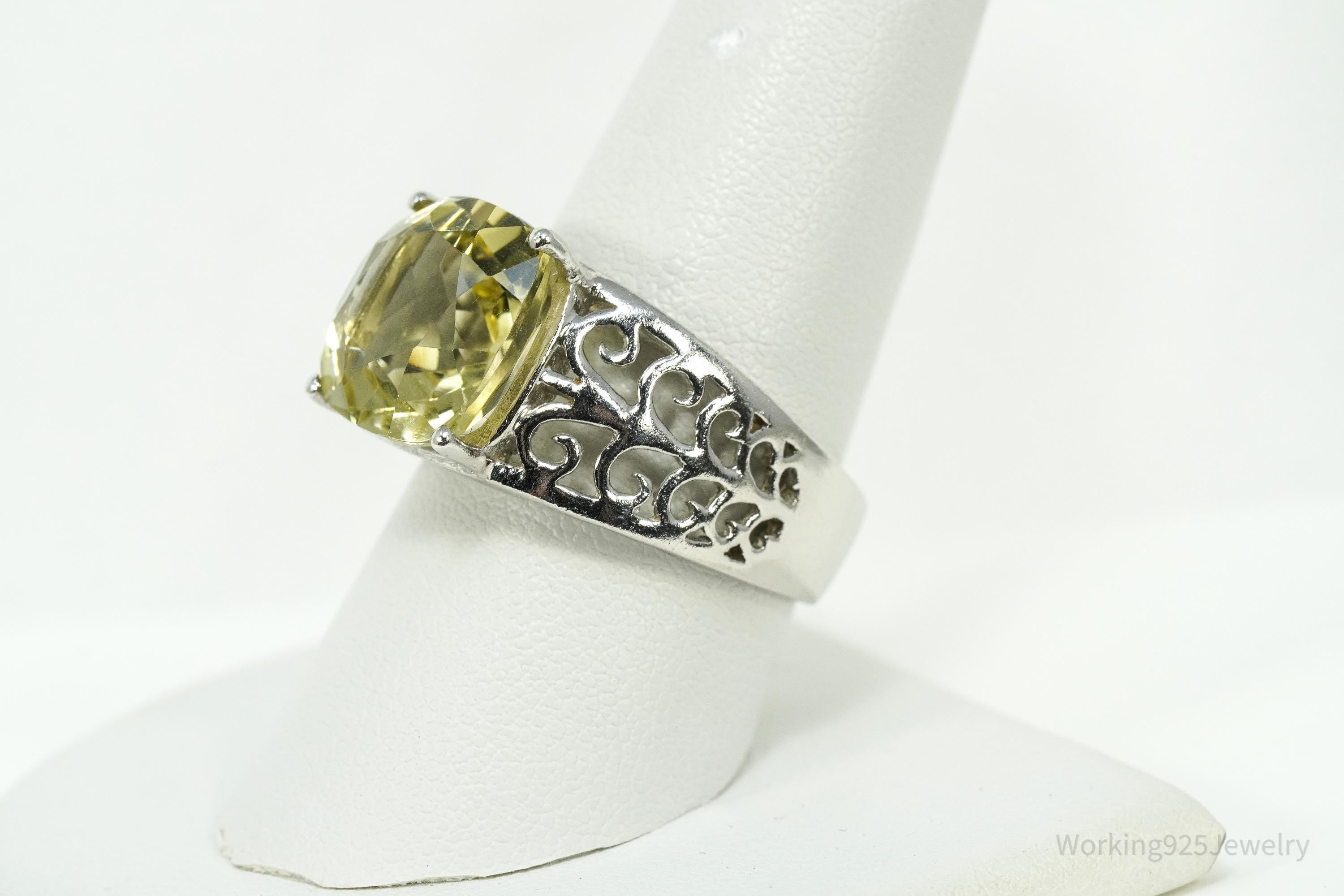 Vintage Large Lemon Citrine Sterling Silver Ring - Size 9