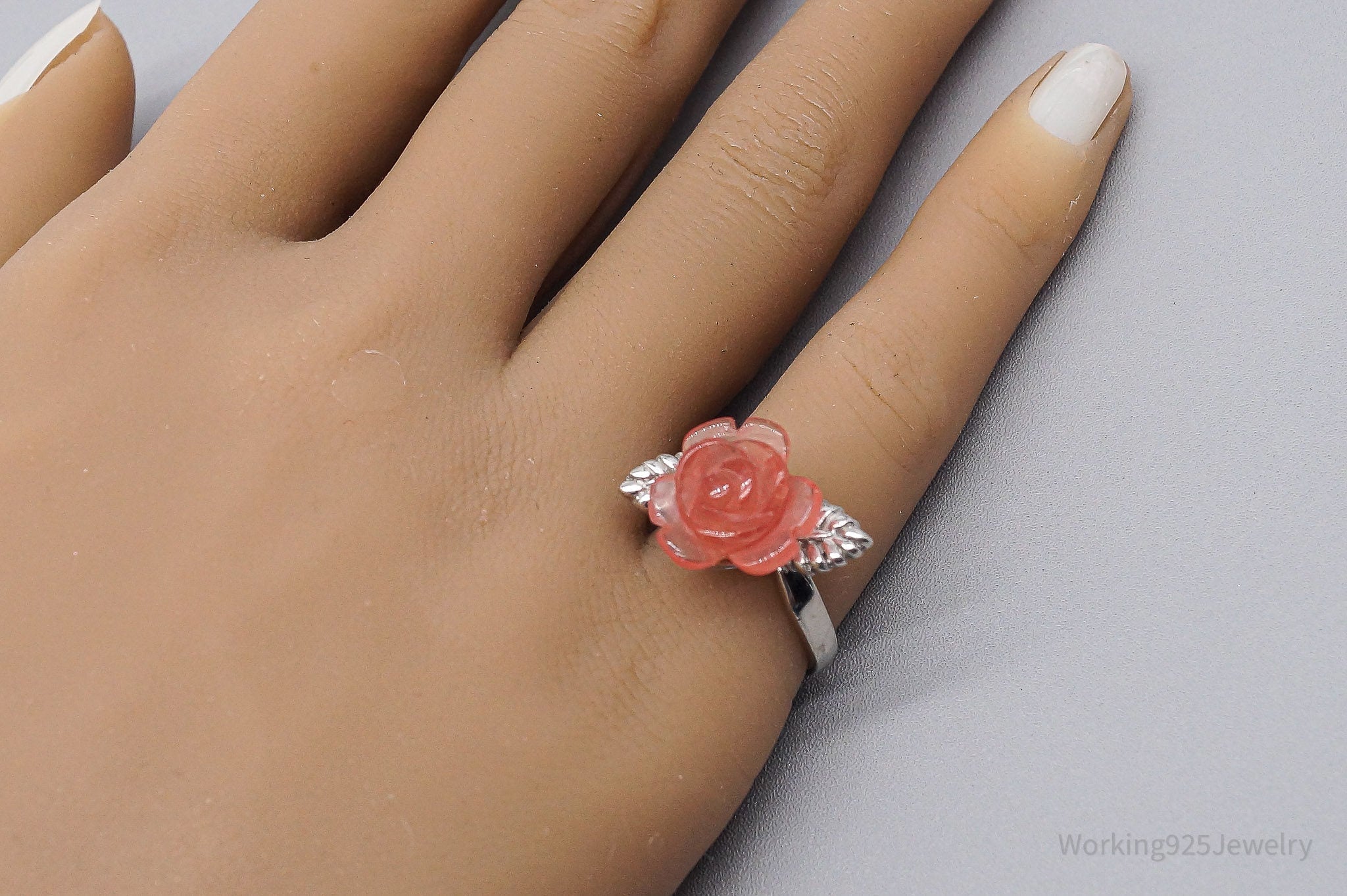 Vintage Pink Plastic Rose Sterling Silver Ring - Size 6