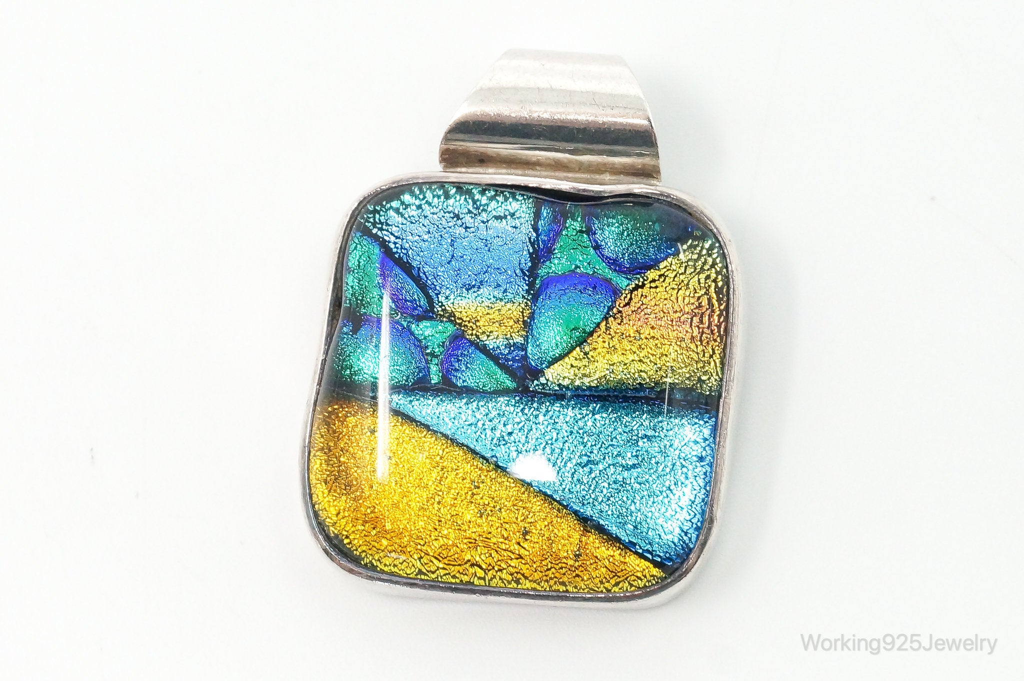 Vintage Large Dichroic Glass Starry Night Theme Sterling Silver Pendant