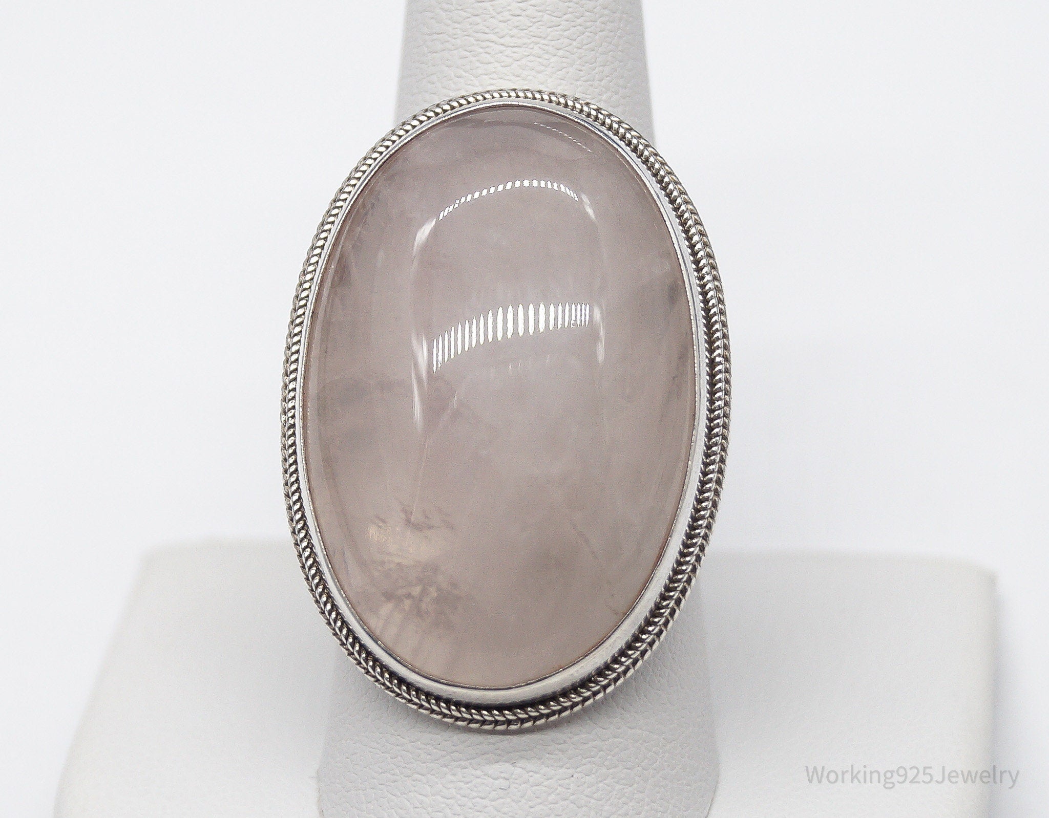 Vintage Large Rose Quartz Sterling Silver Ring - Size 10