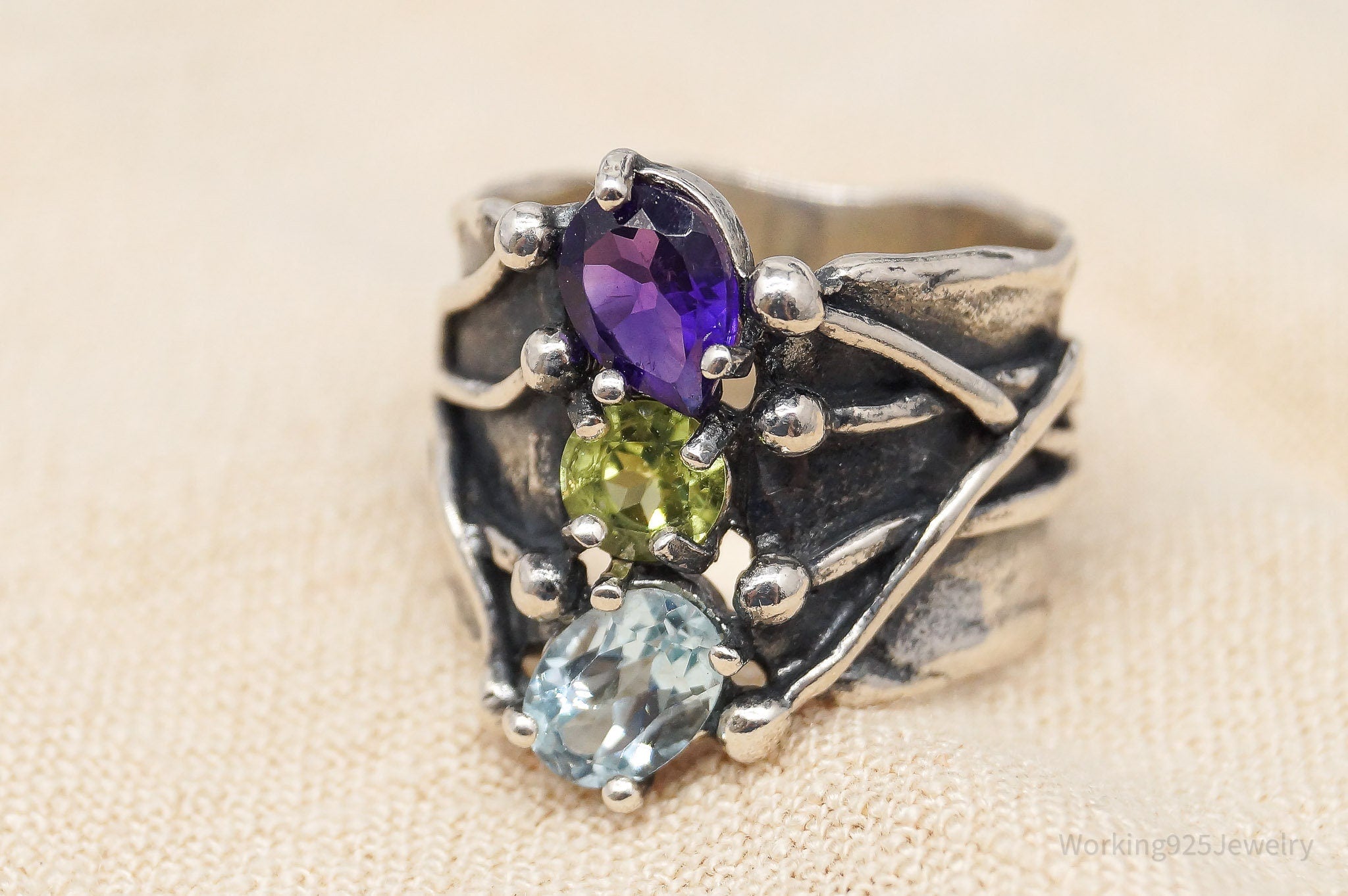 Vintage Paz PZ Amethyst Peridot Blue Topaz Sterling Silver Ring - Size 7.25