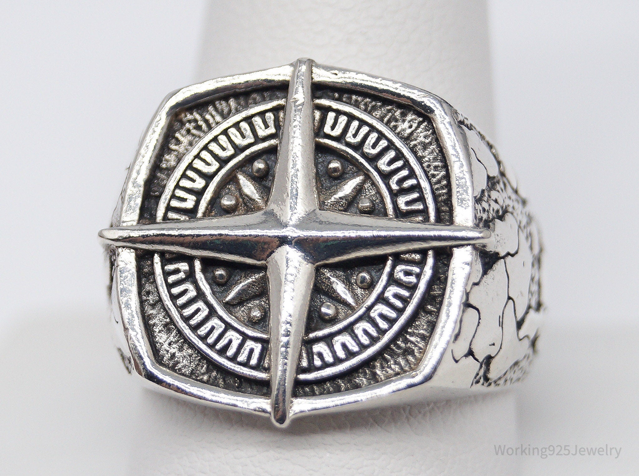 Vintage Nautical Style Compass Sterling Silver Ring - Size 11