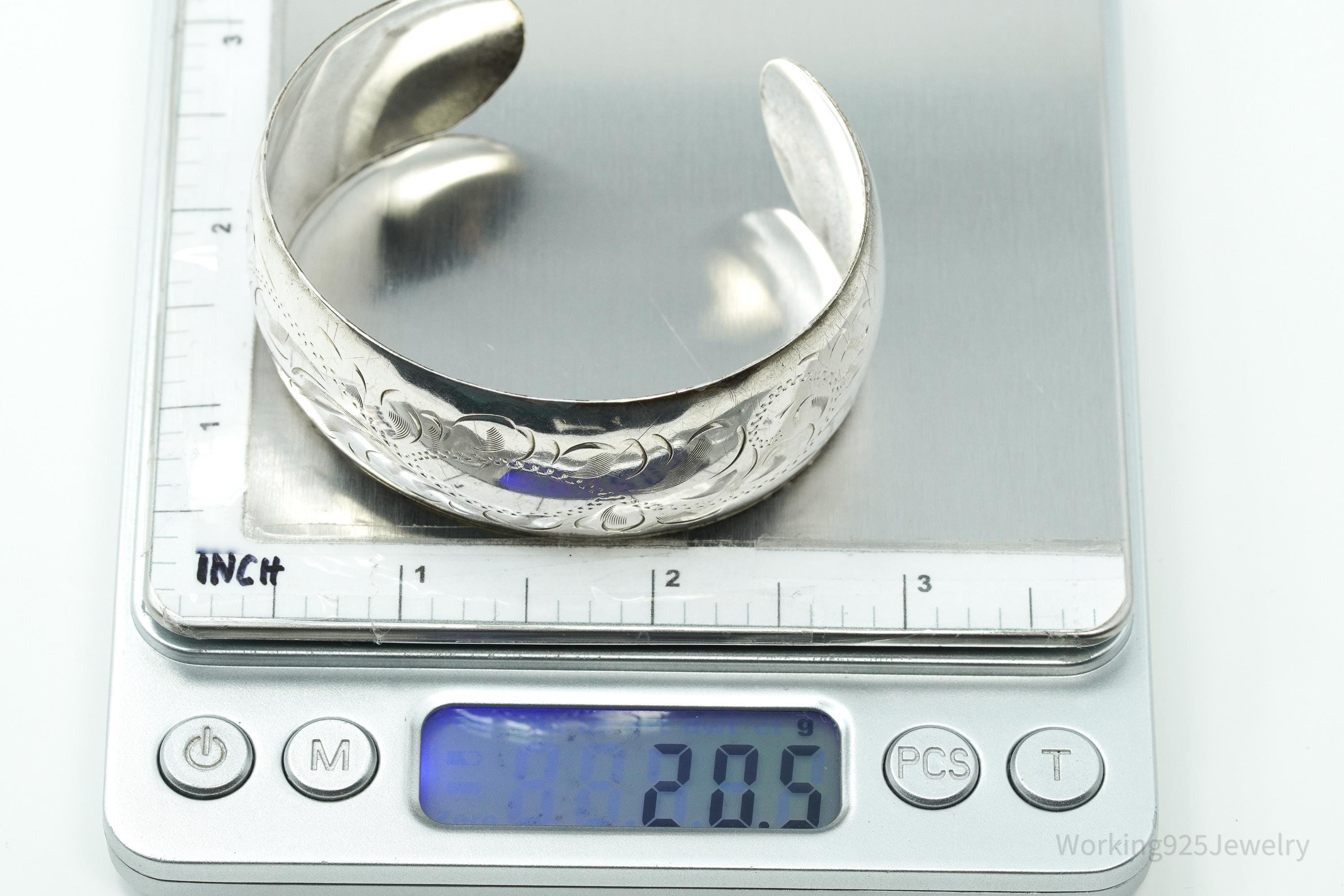 Antique Art Nouveau Floral Etched Sterling Silver Cuff Bracelet 7.25"