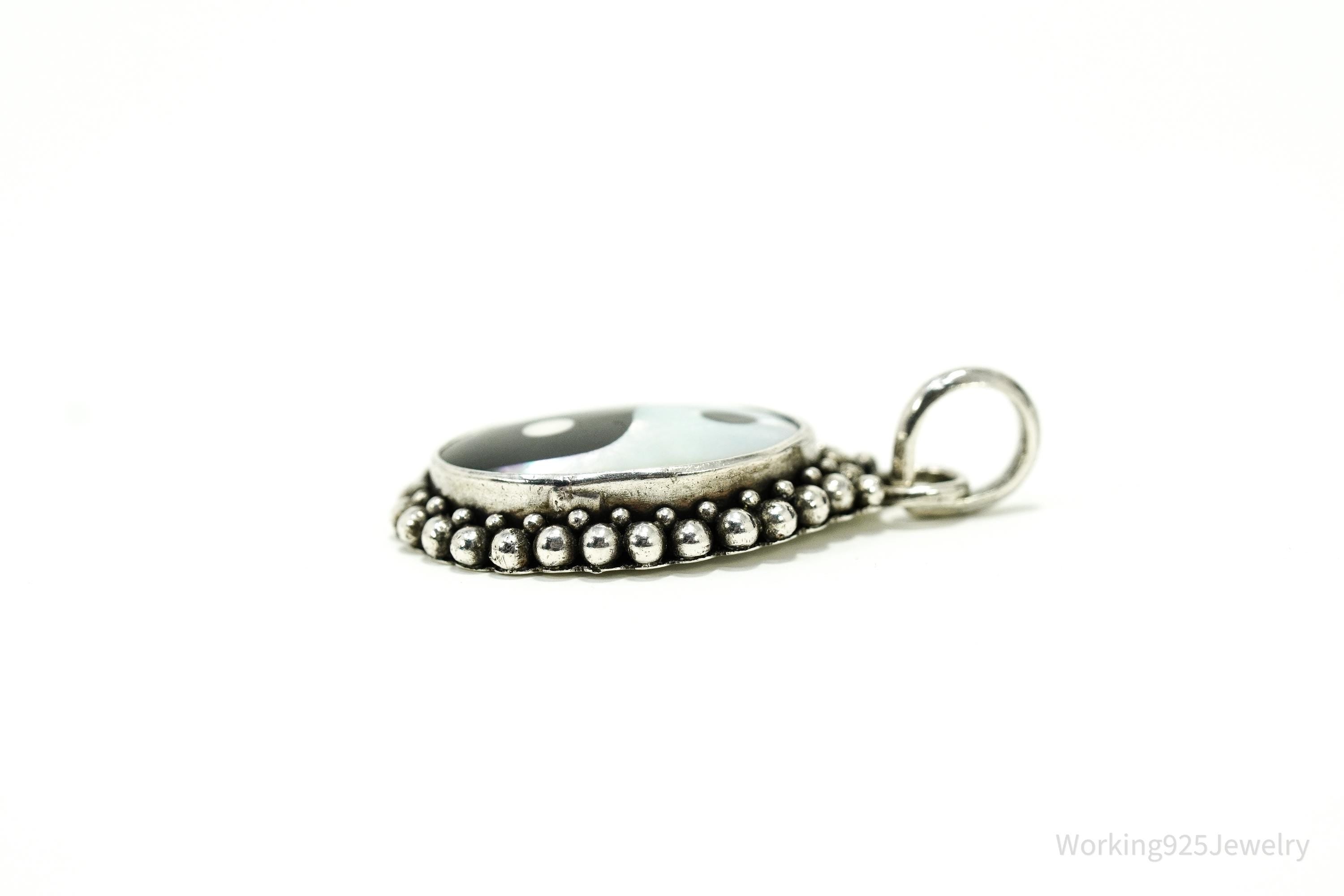 Vintage Black Onyx & Mother Of Pearl Inlay Yin Yang Sterling Silver Pendant