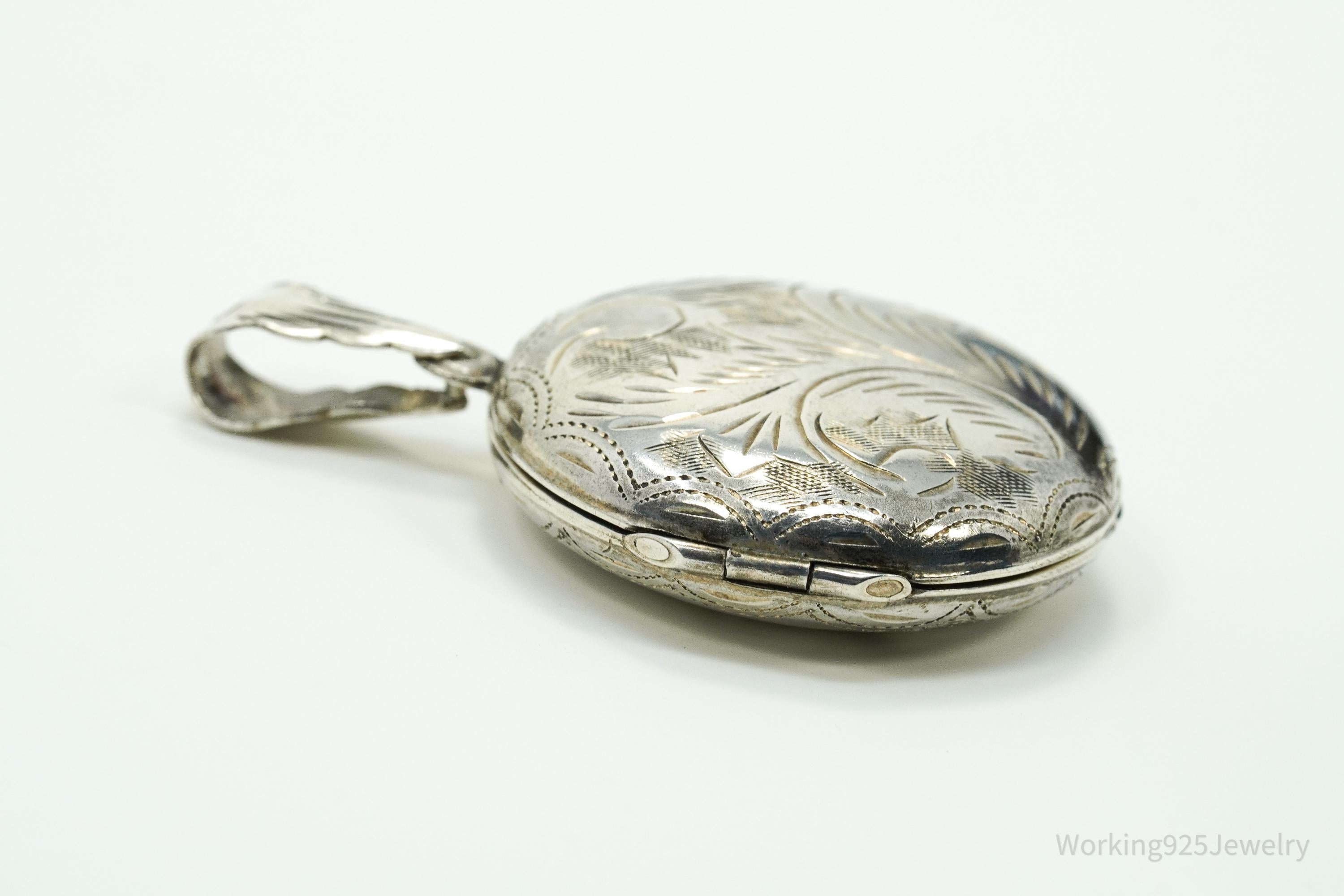 Vintage Round Etched Locket Sterling Silver Charm Pendant