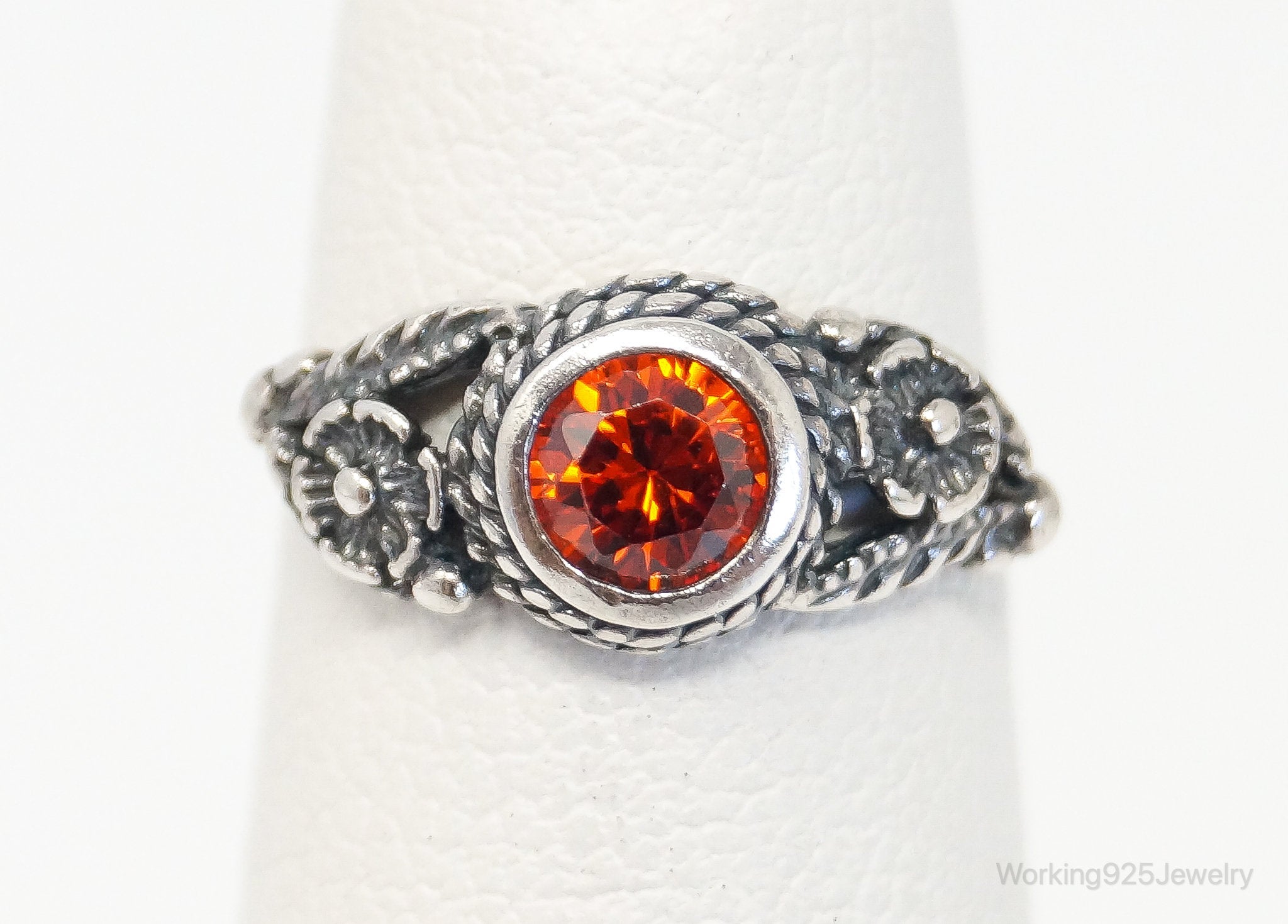 Vintage Orange Gemstone Southwestern Sterling Silver Ring - Size 2