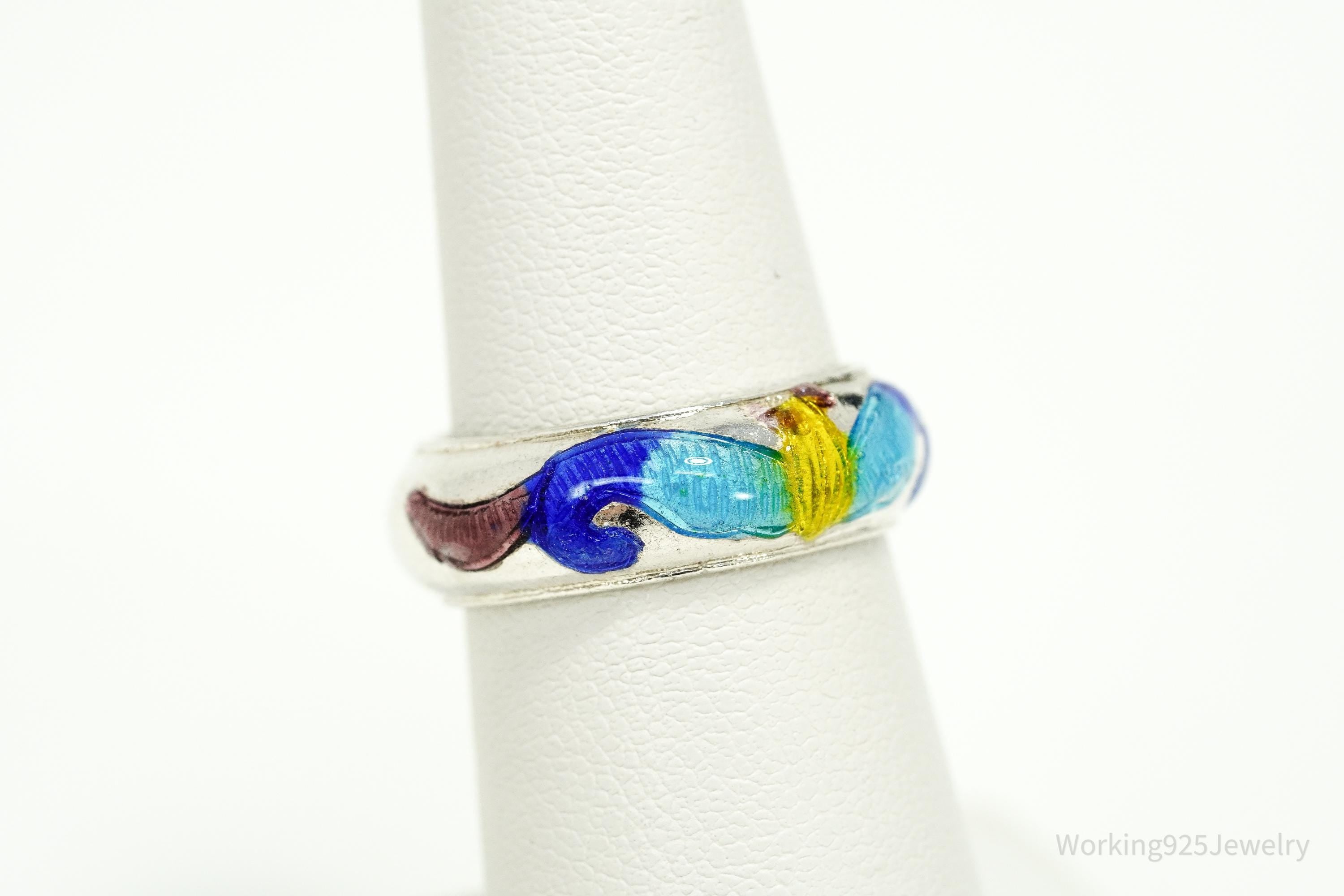 Vintage Enamel Silver Band Ring Size 6.25