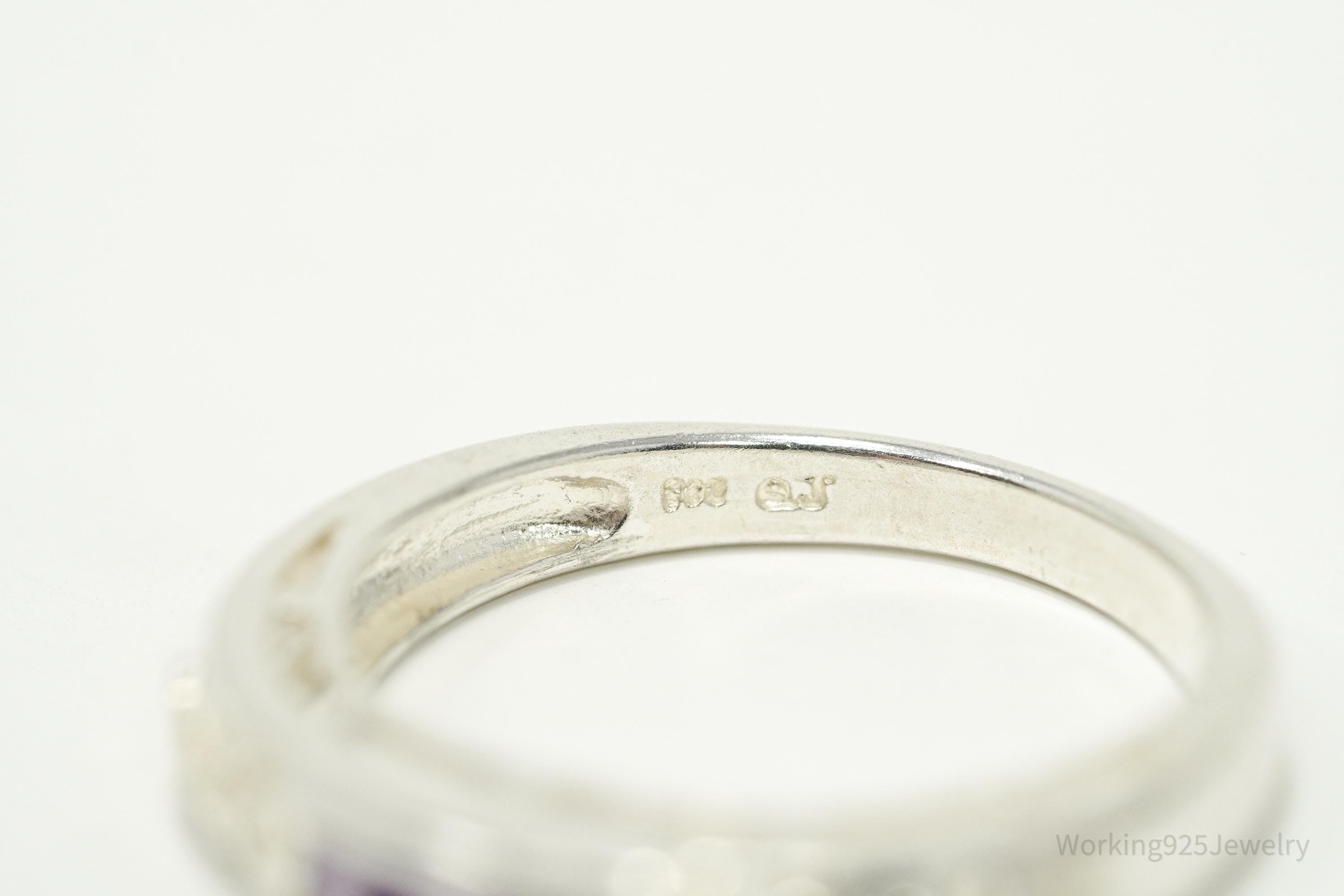 Vintage Purple Amethyst Hearts Pattern Sterling Silver Ring - Size 7