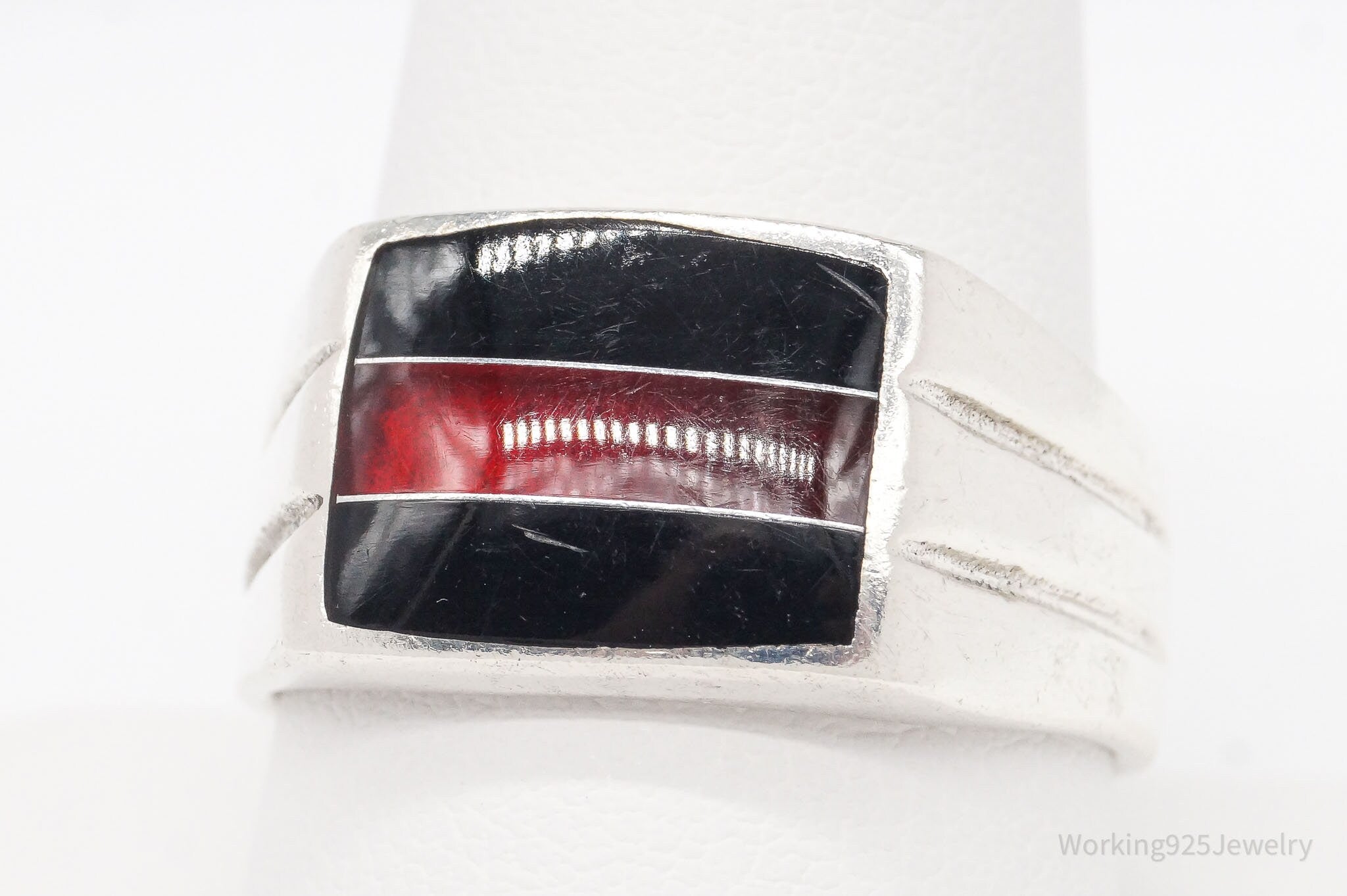 Vintage Red & Black Enamel Sterling Silver Ring - Size 10