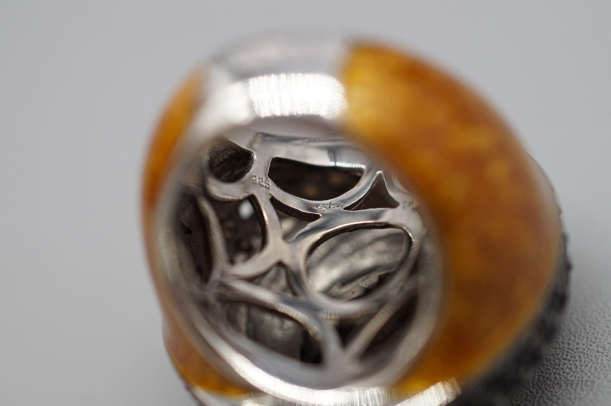 Vintage Large Smoky Topaz & Enamel Sterling Silver Ring - Size 5.75