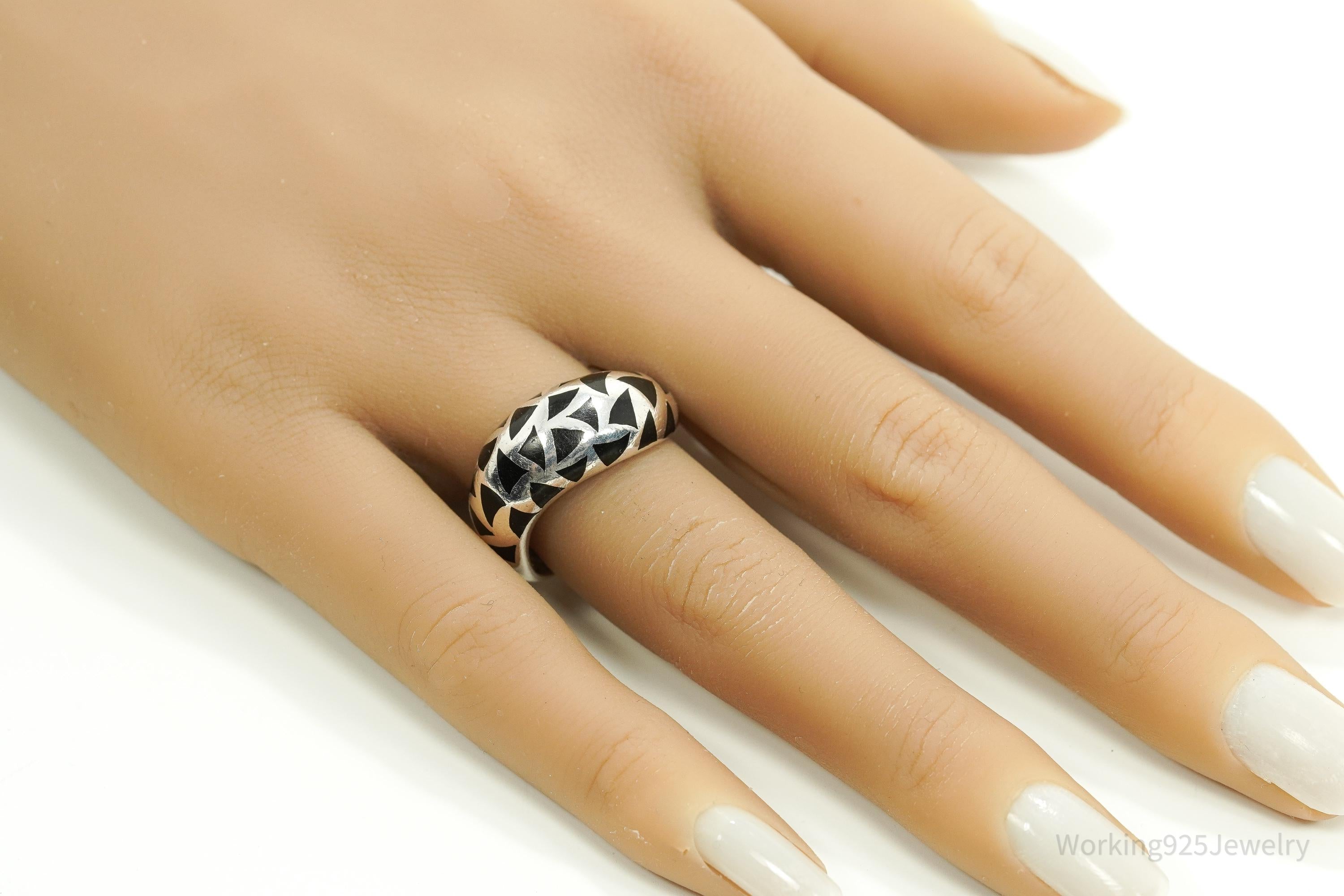 Vintage Black Enamel Shapes Design Sterling Silver Ring - Size 8