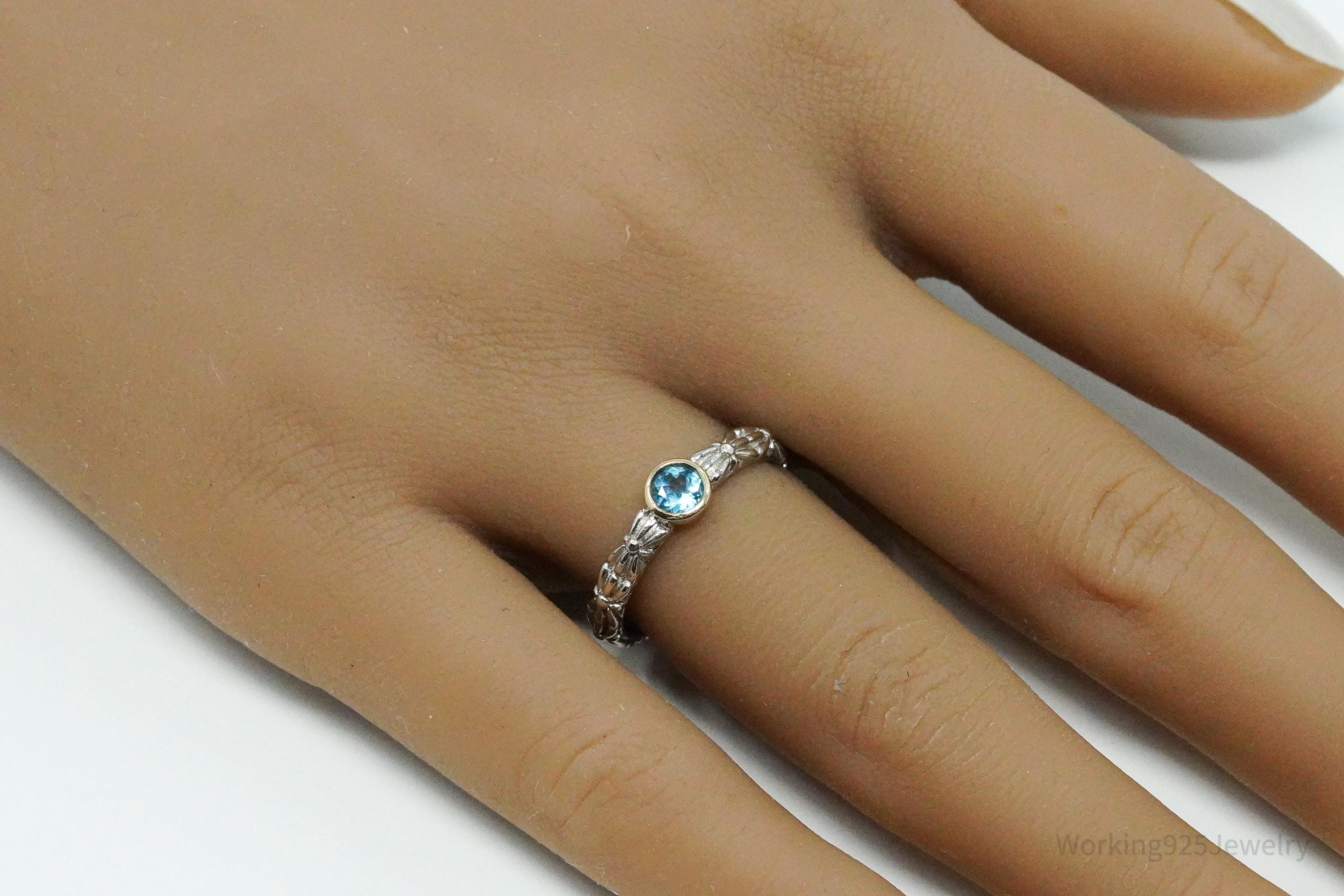 Vintage QCD Blue Topaz 14K Yellow Gold Sterling Silver Ring - Size 7