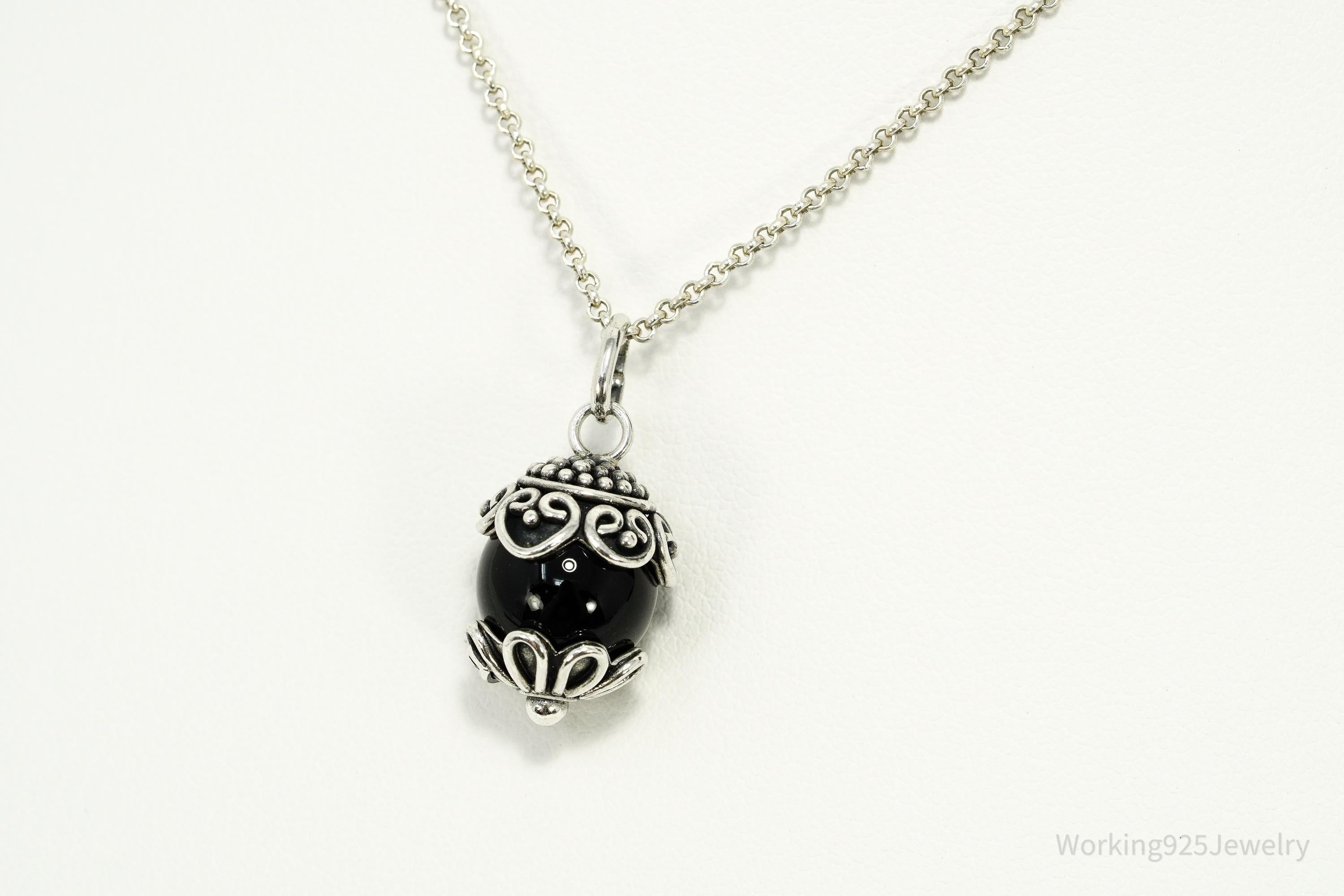 Vintage Designer BA Suarti Black Onyx Sterling Silver Necklace 18"