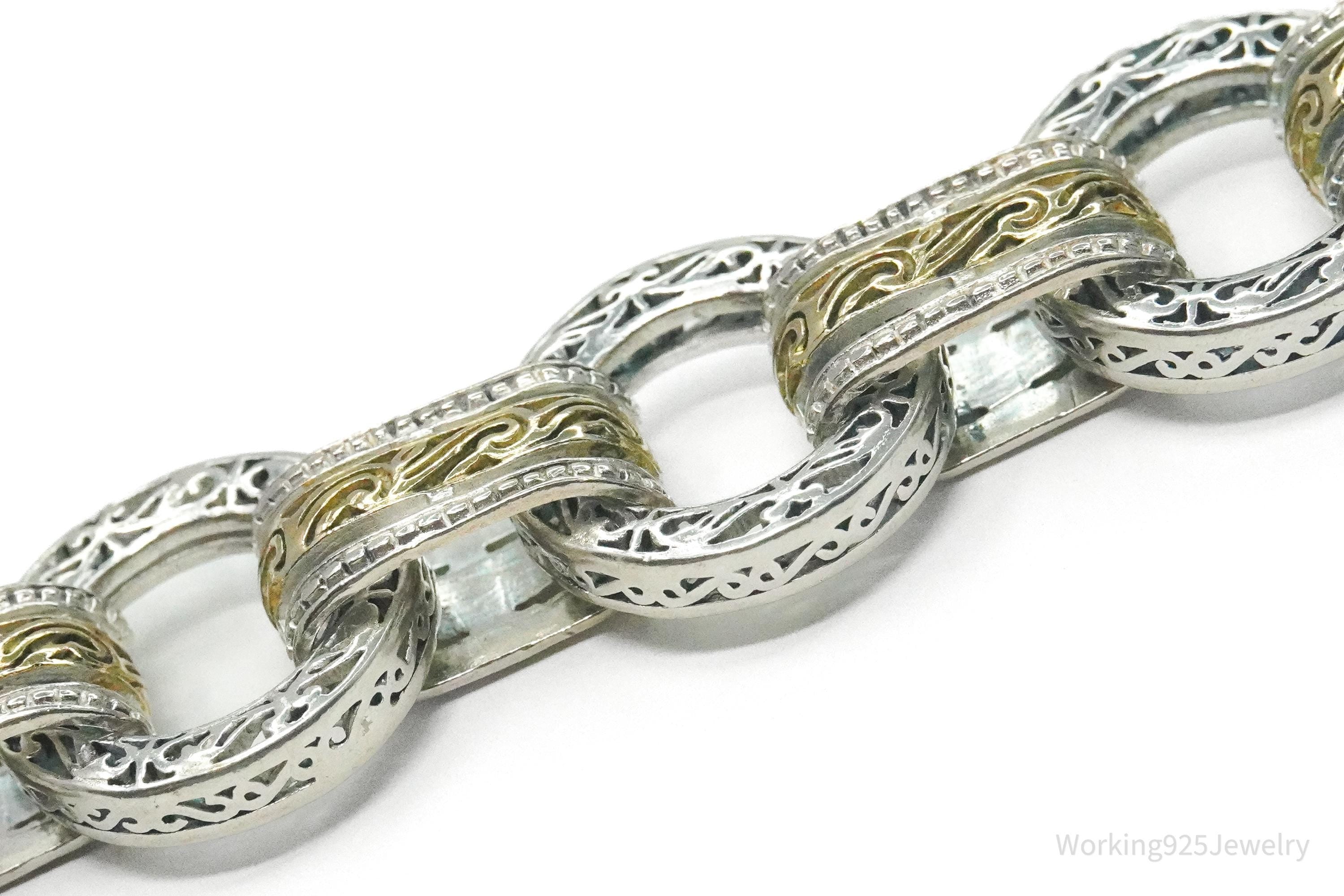 Vintage ASJ Filigree Scroll Design Large Link Gold Vermeil Sterling Silver Chain Bracelet 7 7/8"