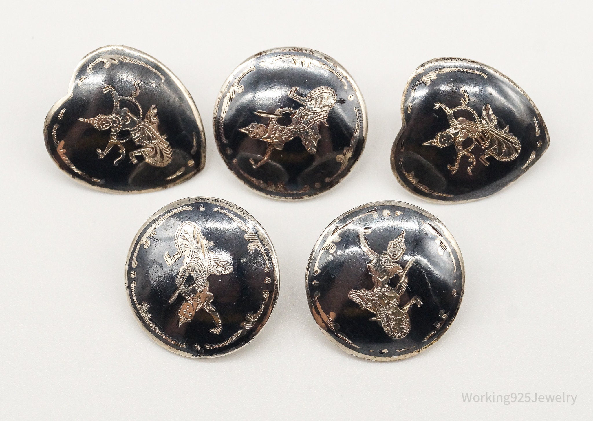 Vintage Siam Black Enamel Lightening Dancers Sterling Silver Buttons