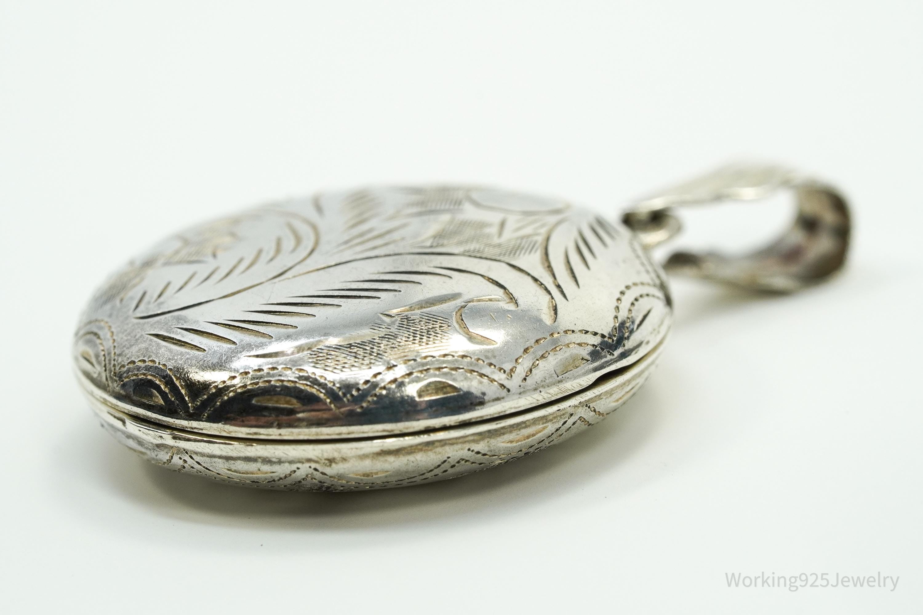 Vintage Round Etched Locket Sterling Silver Charm Pendant