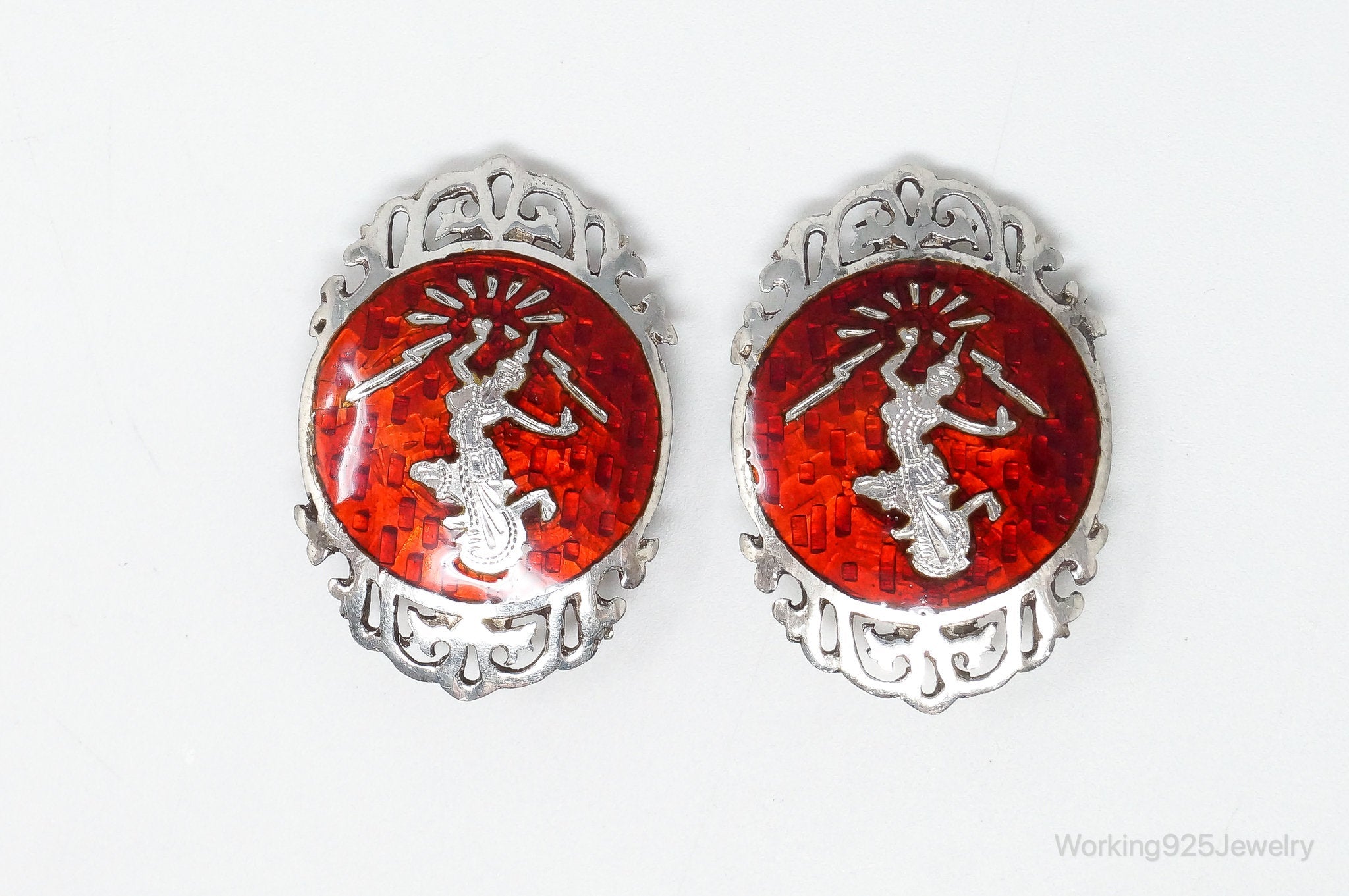 Vintage SIAM Red Enamel Lightening Dancer Sterling Silver Clip On Earrings