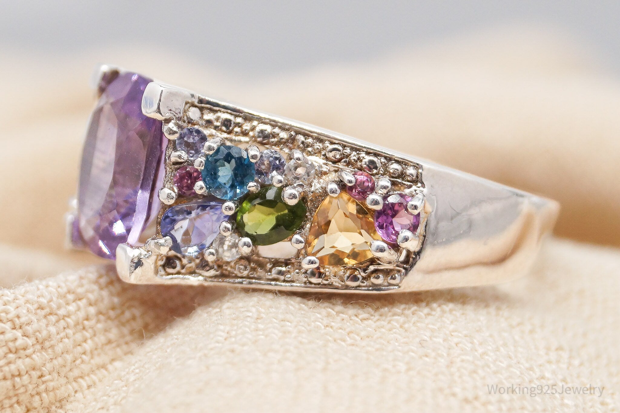 Vintage Multi Gemstone Sterling Silver Ring - Size 10