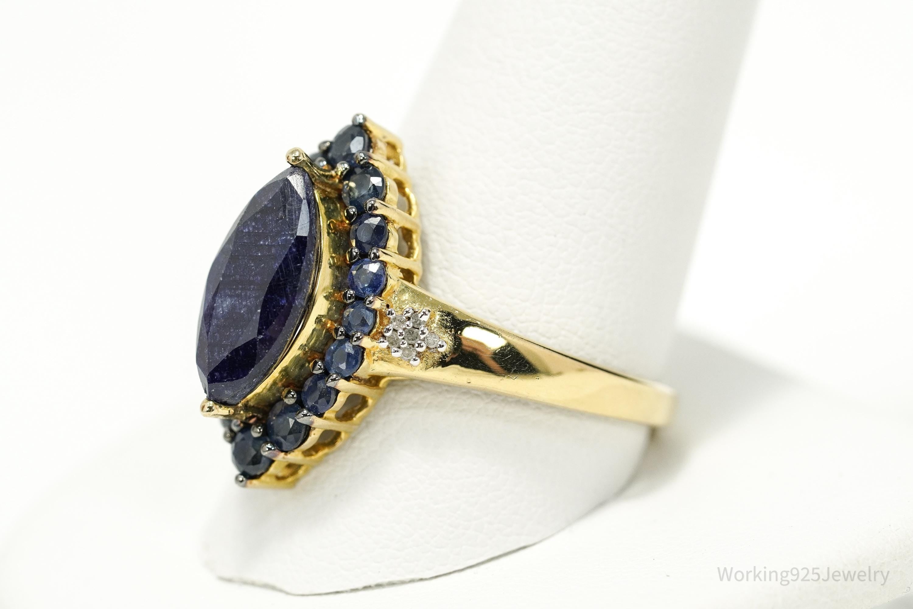 Vintage 70s Sapphire & Diamond Marquise Gold Over Sterling Cocktail Ring Sz 12